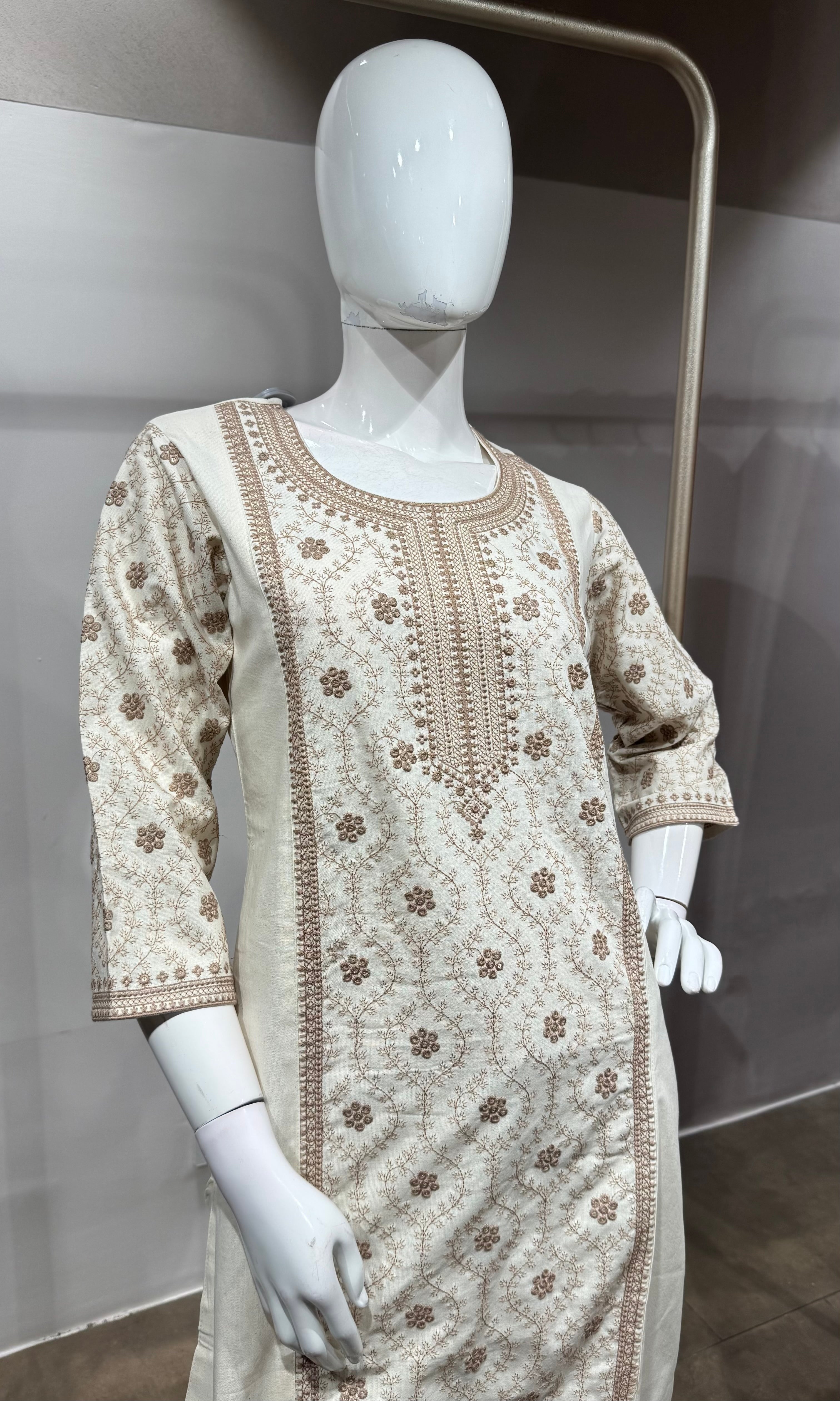 CREAM Cotton Kurta Set with Dupatta