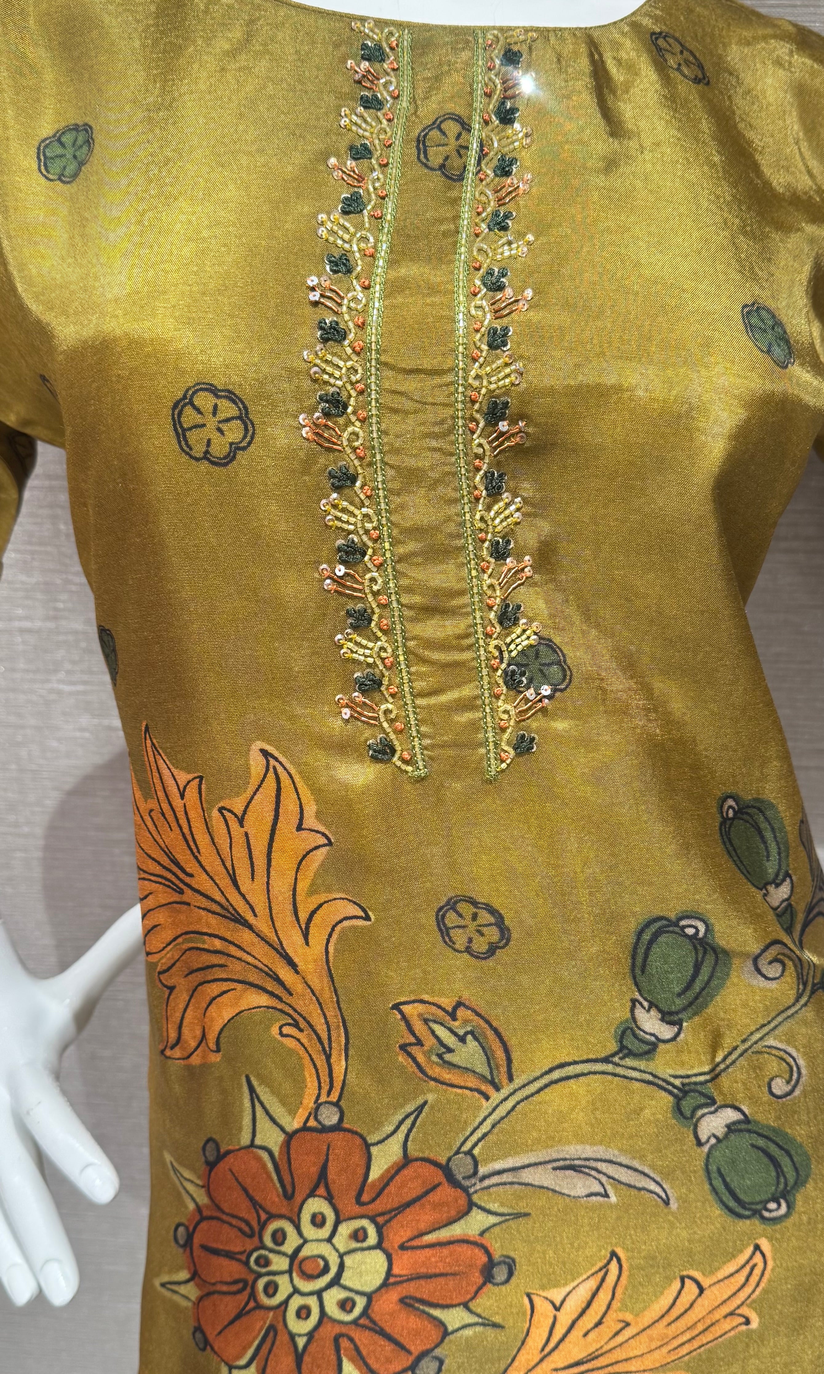 Mustard Green Floral Motif Kurta Top