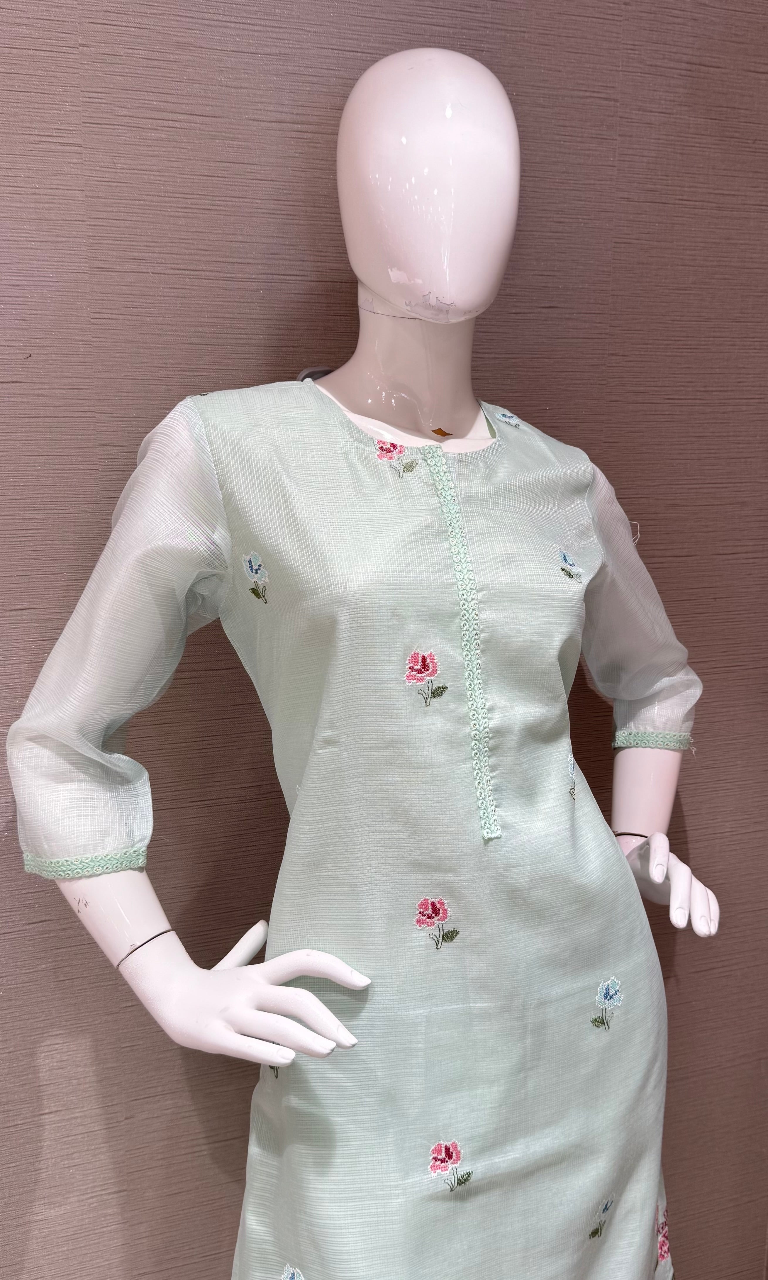 Mint Green Floral Kurta Set with Sheer Dupatta