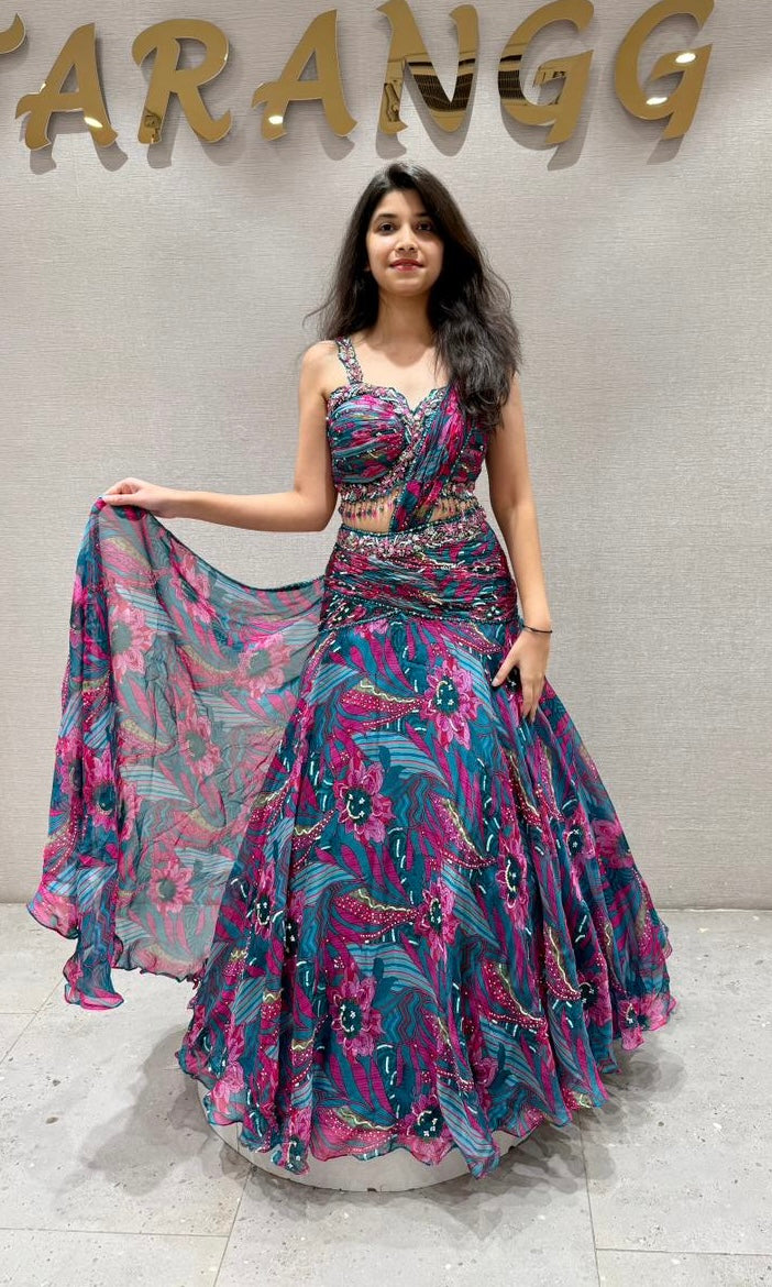 Tropical BLUE Ruffle Draped Lehenga