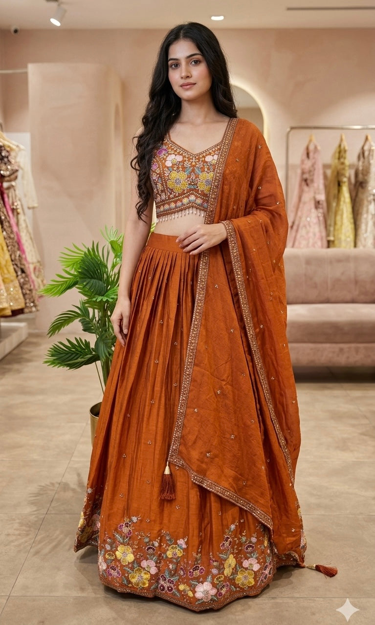 Rust FLORAL EMBROIDERED LEHENGA SET