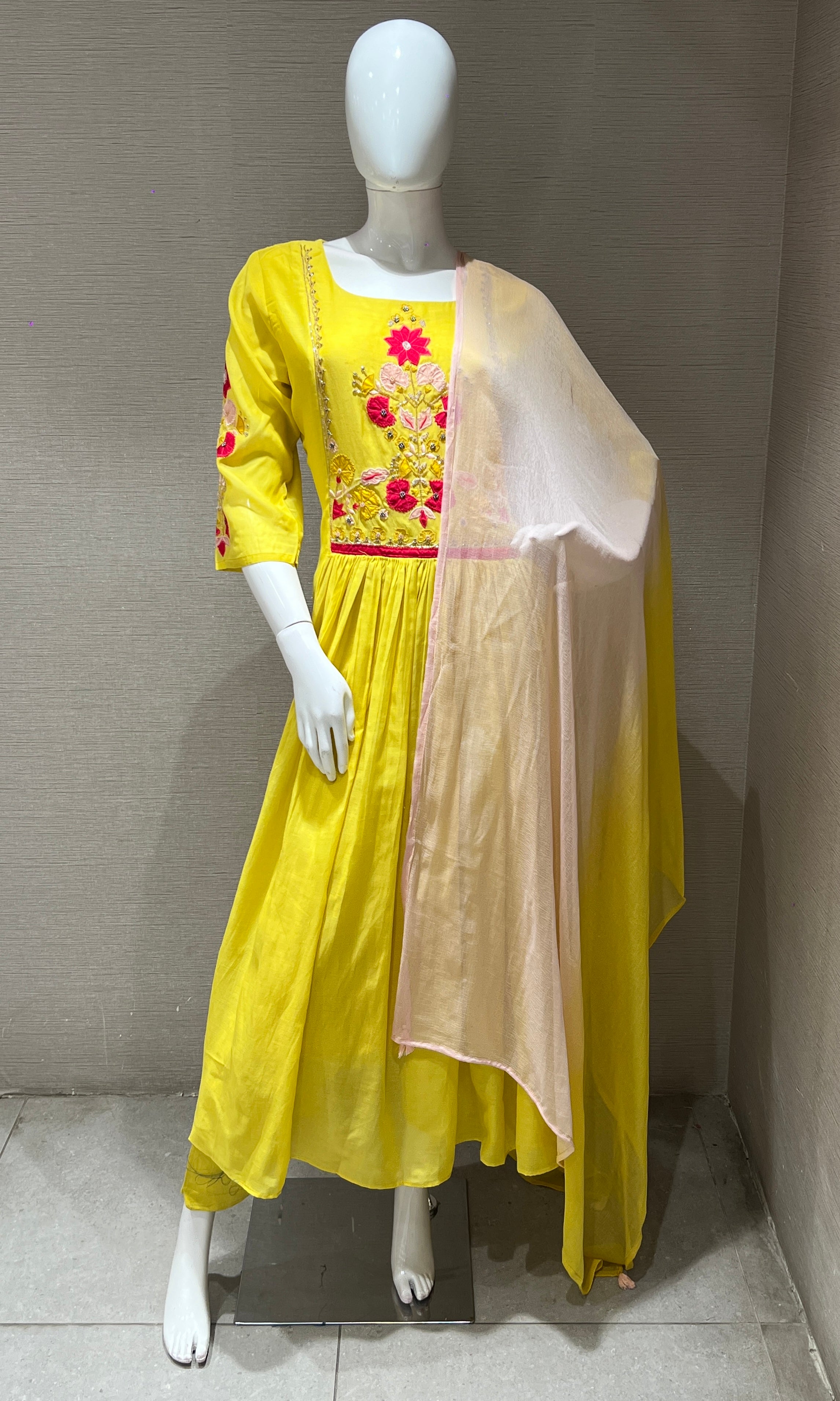 yellow floral embroidered kurta set