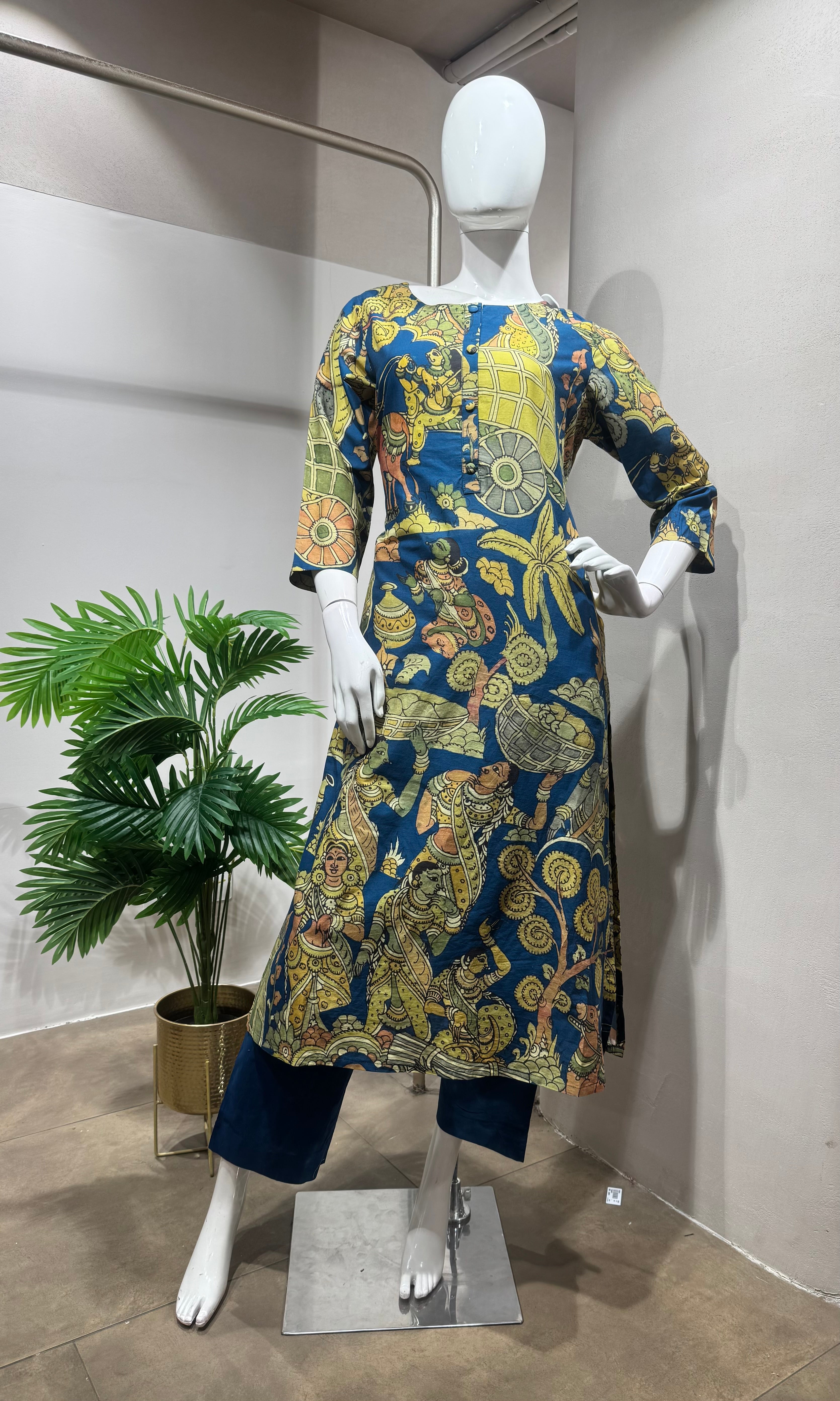 green and blue printed kurti with bottom