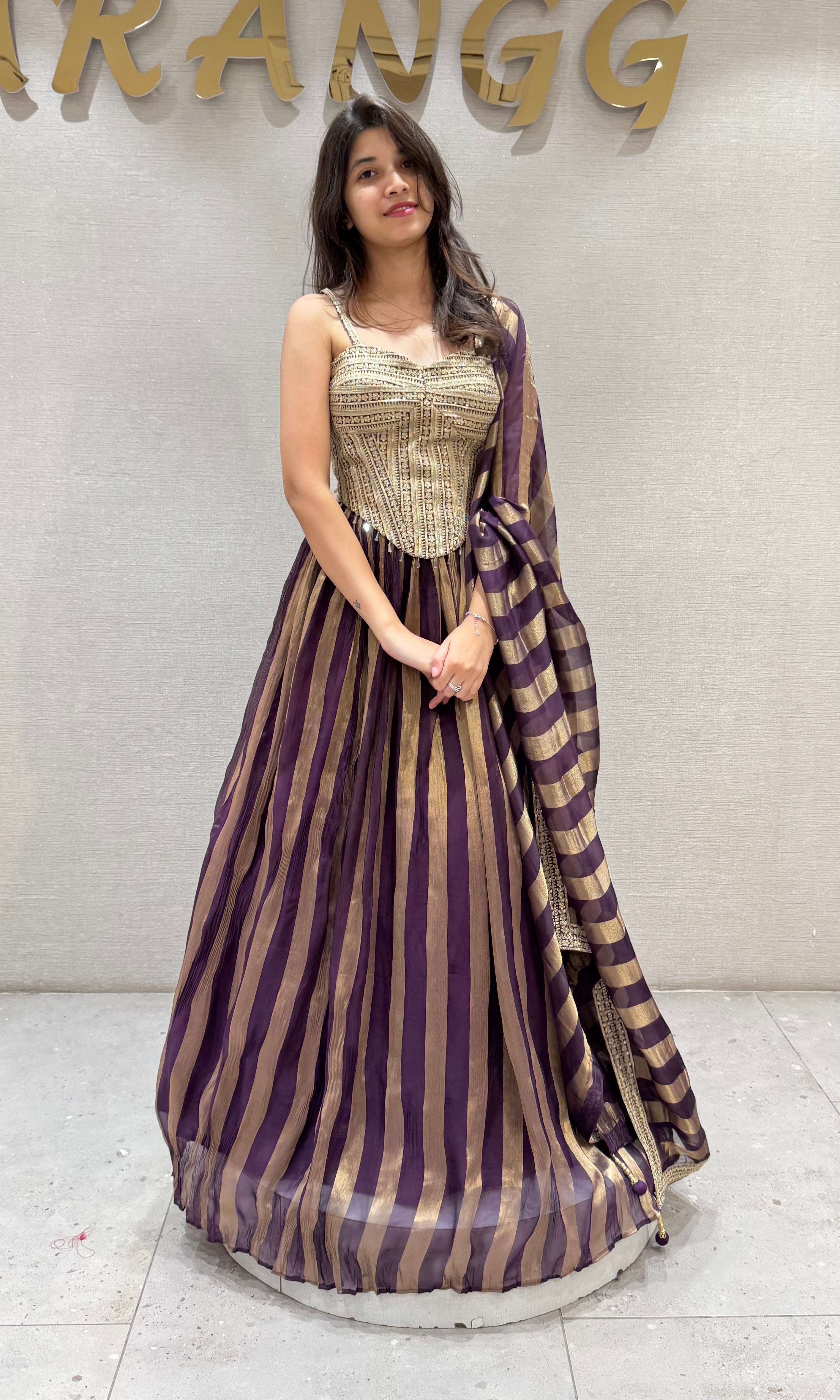 Wine & Gold Striped Corset Lehenga Set