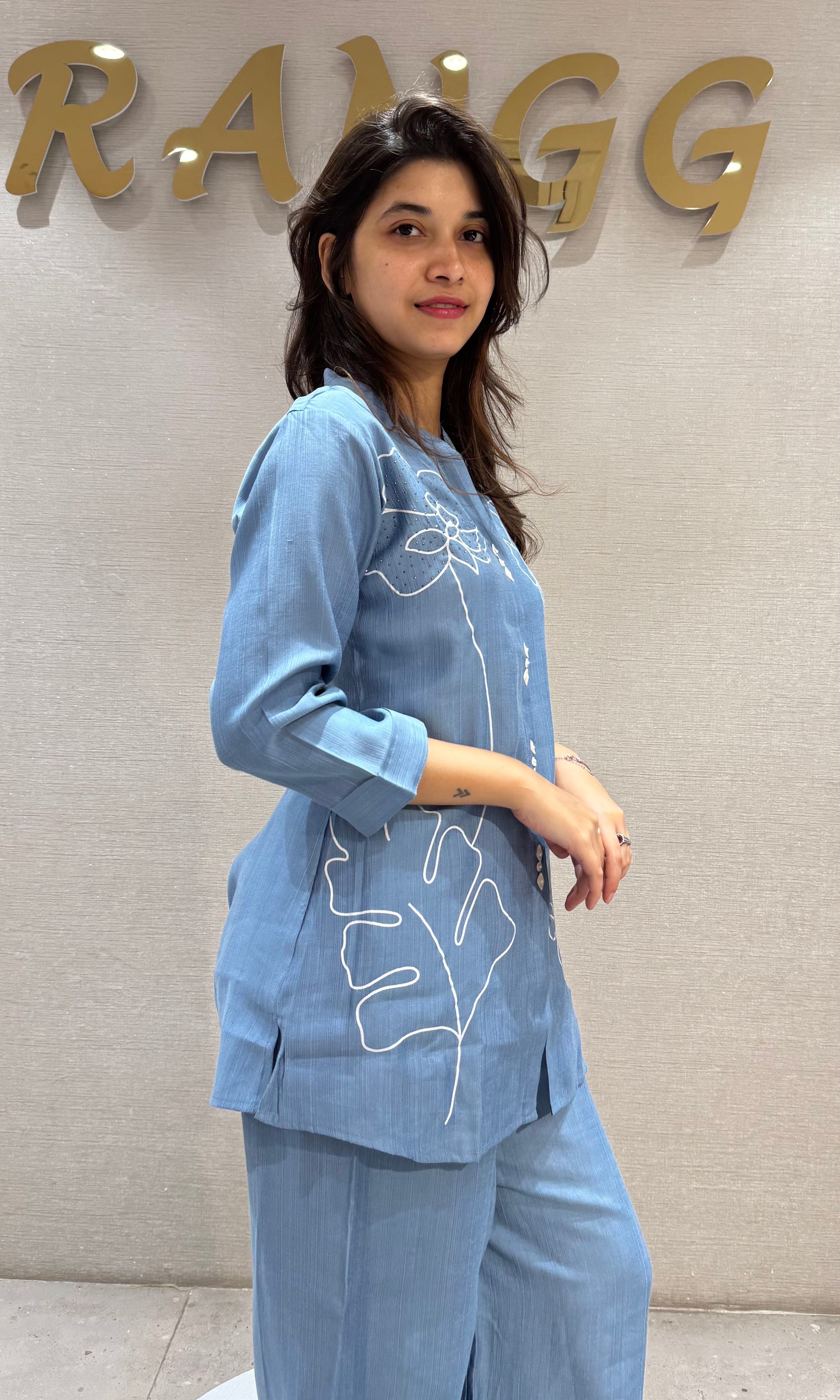Blue Floral Embroidered Cord Set