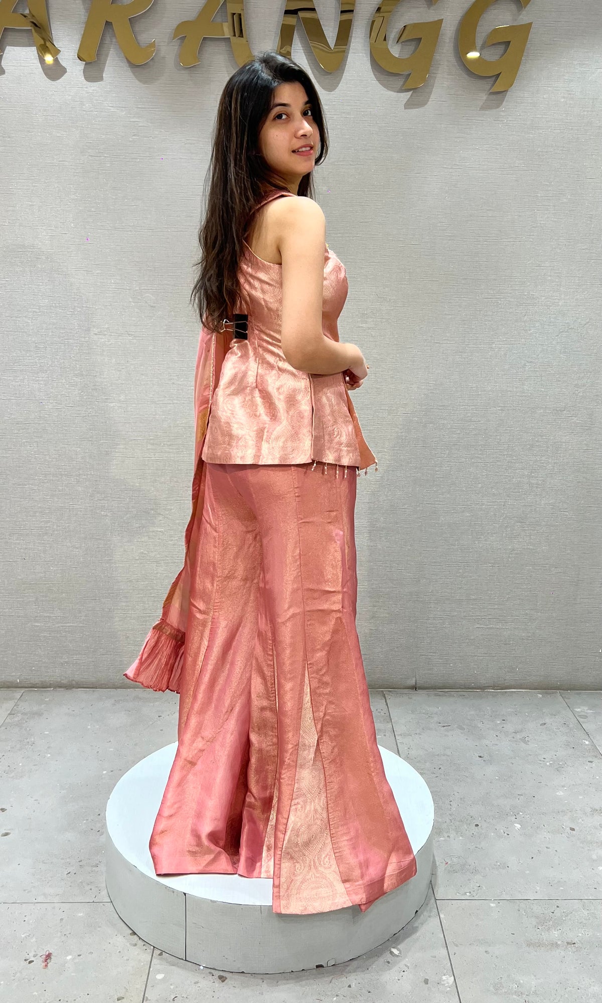 Onion pink Shimmer Tissue Peplum palazzo set with dupatta