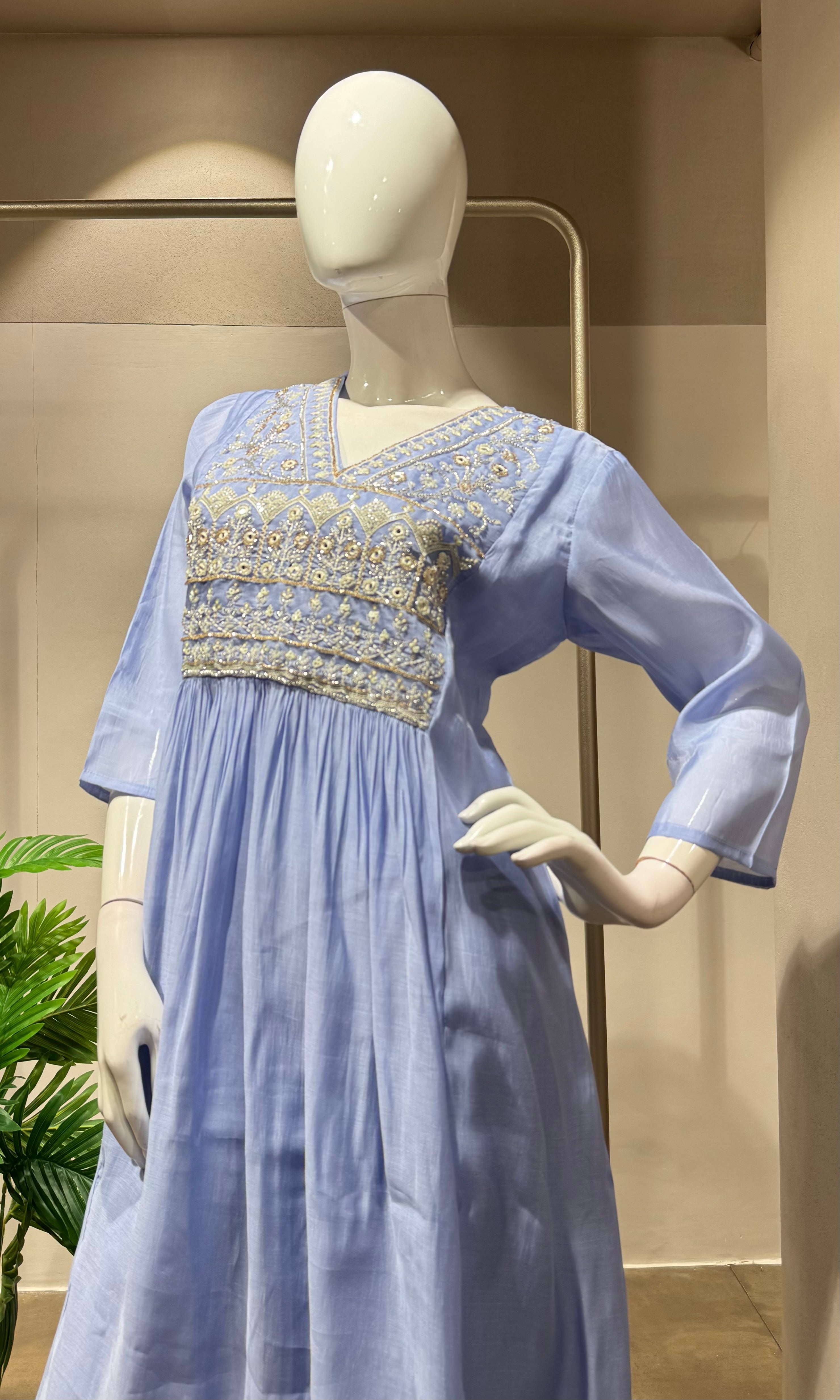 Sea blue pearl mul chanderi kurta set