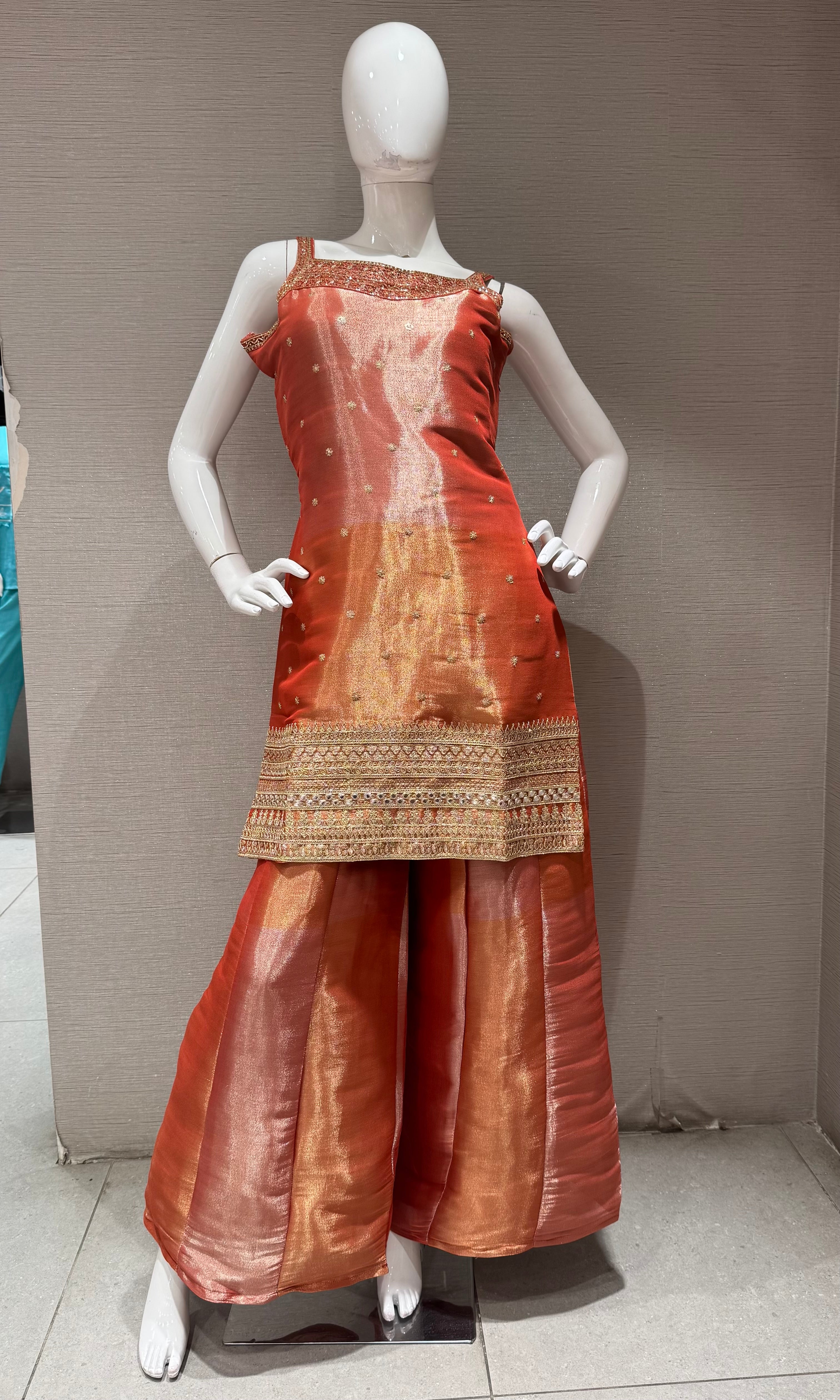 Rust and Gold Zari Sharara set with Sheer Dupatta