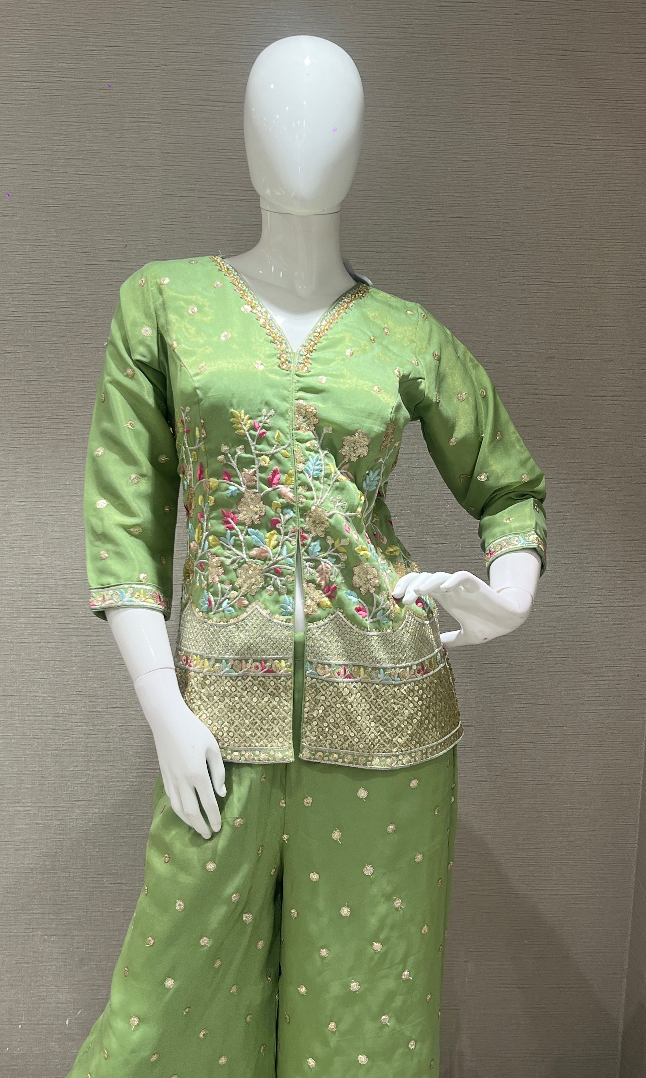 Pista Green Floral Embroidered Palazzo set