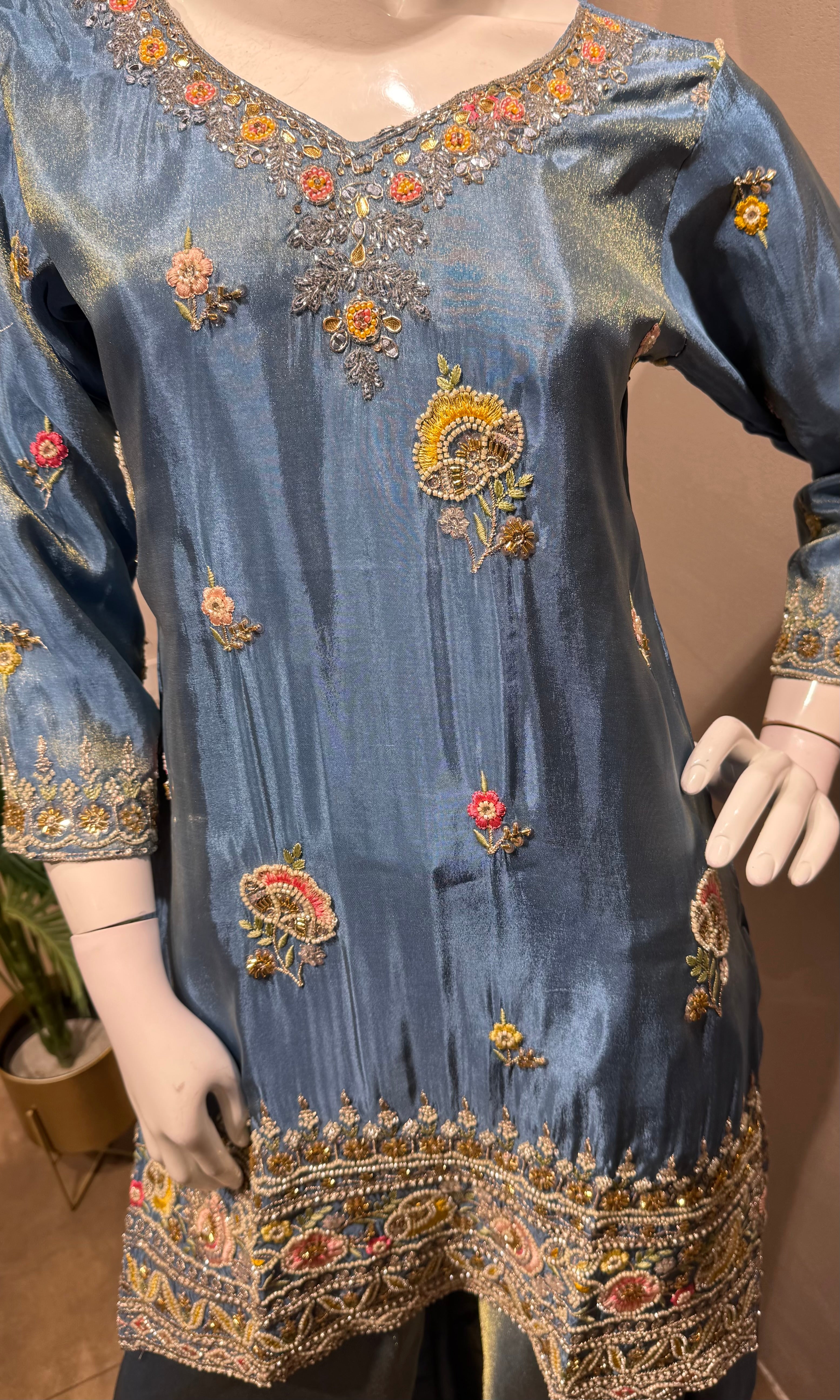 blue shimmer tissue palazzo set