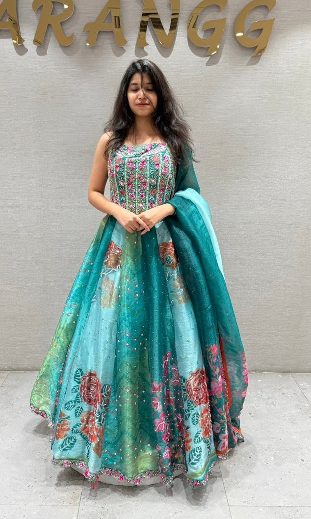 Teal BLUE Bloom Organza Lehenga