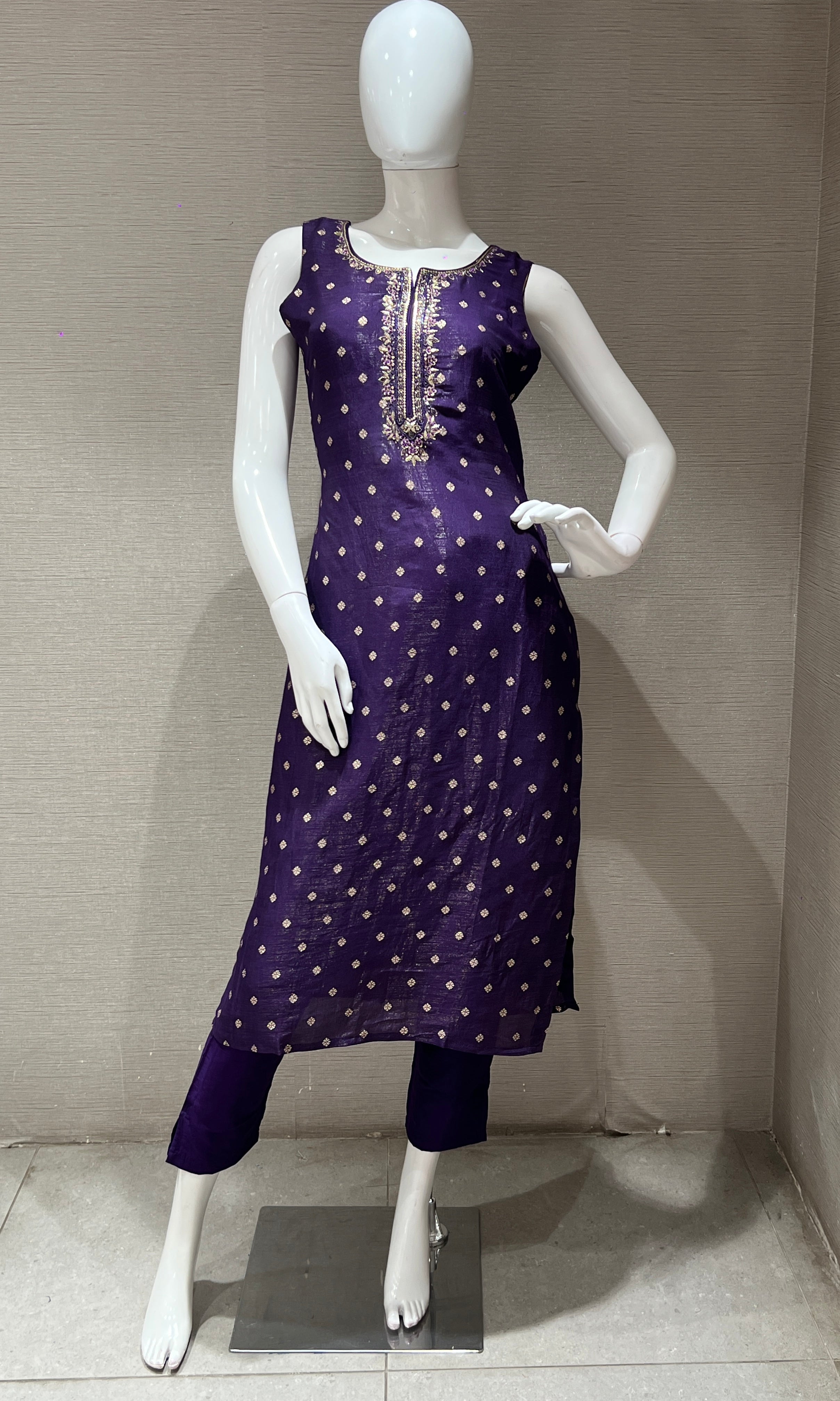 Purple shimmer silk embroidered kurta set