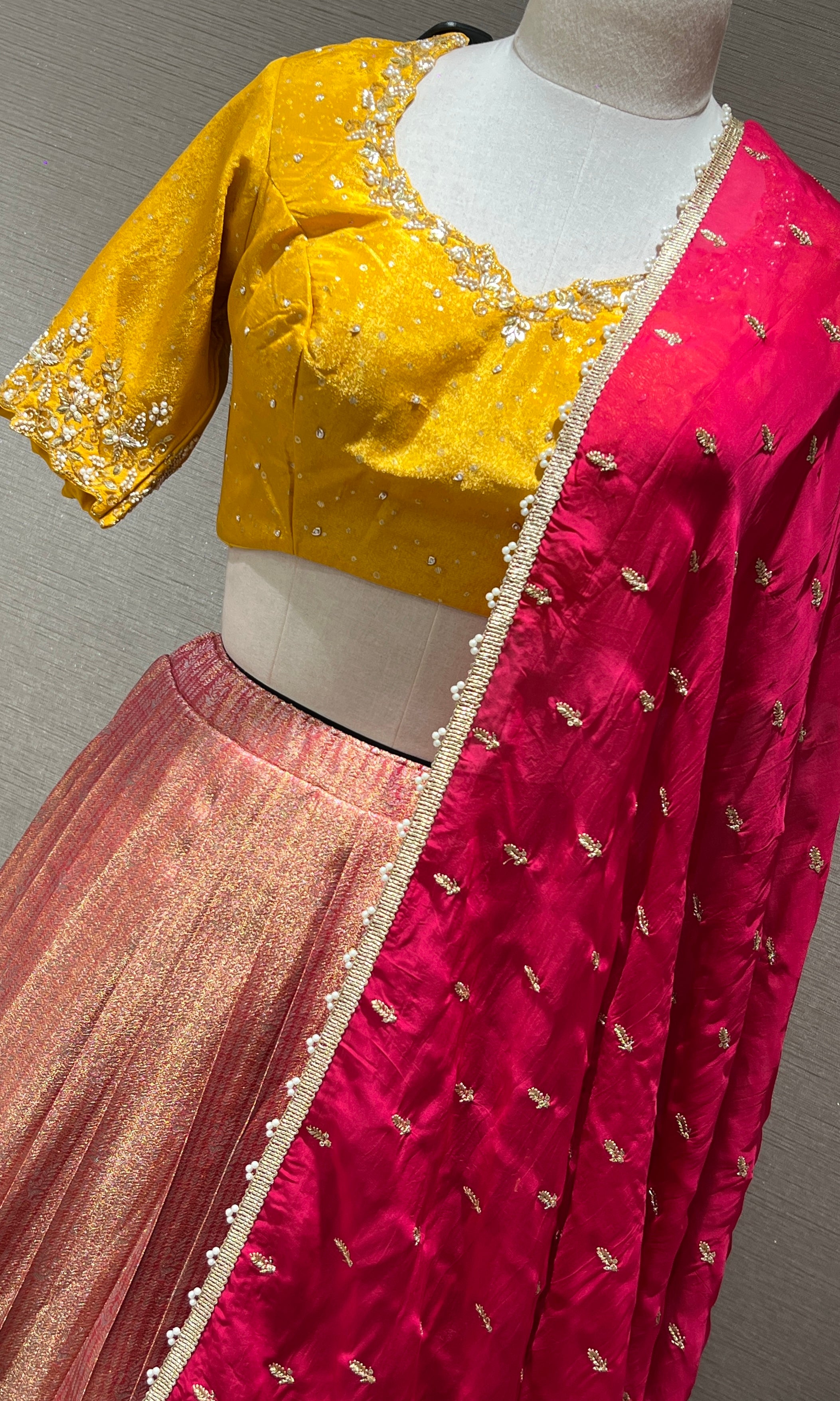 lotus pink lehenga with yellow blouse