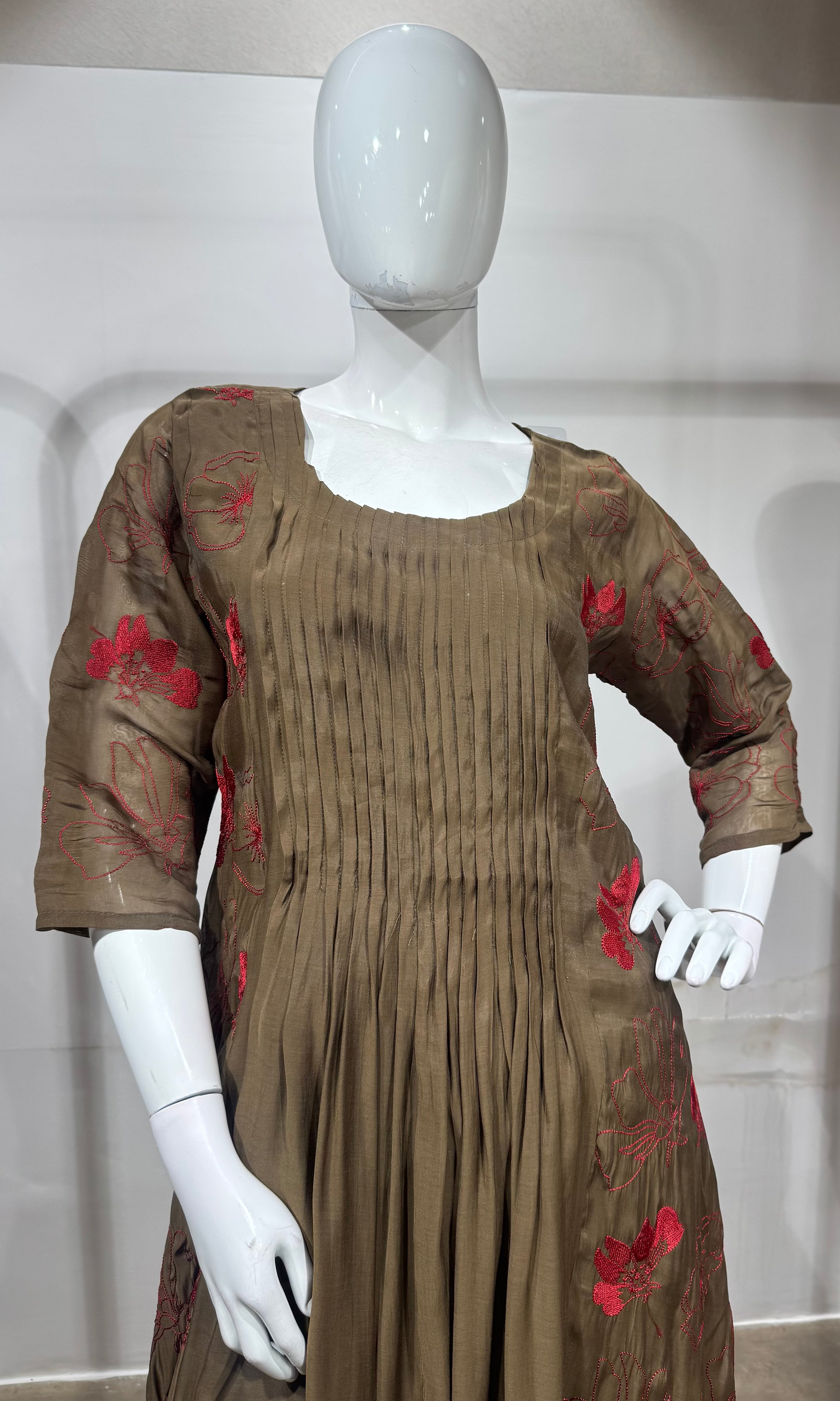 Brown Embroidered Mul Cotton Kurta Set