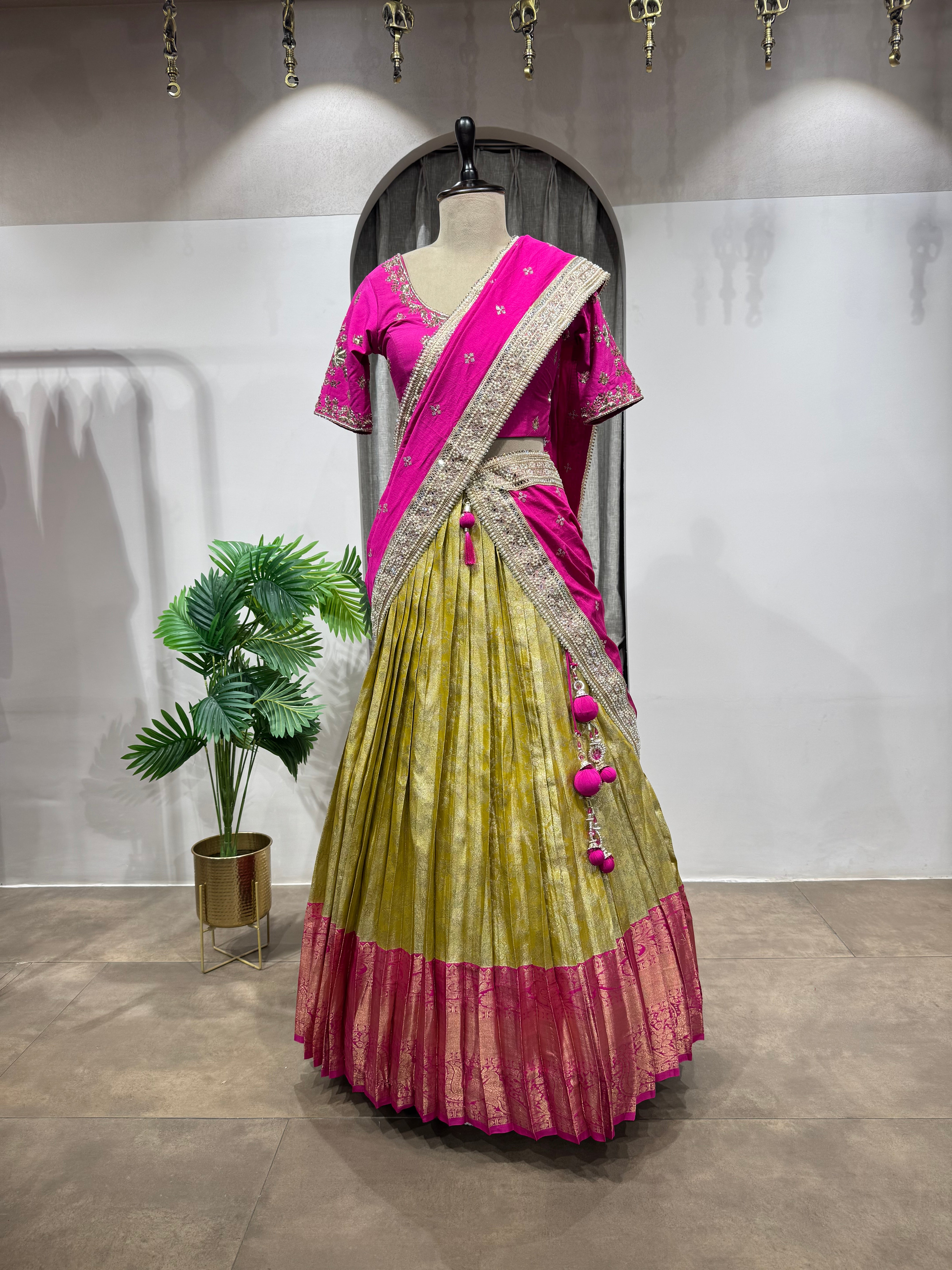 RANI PINK and gold silk BANARASI LEHENGA