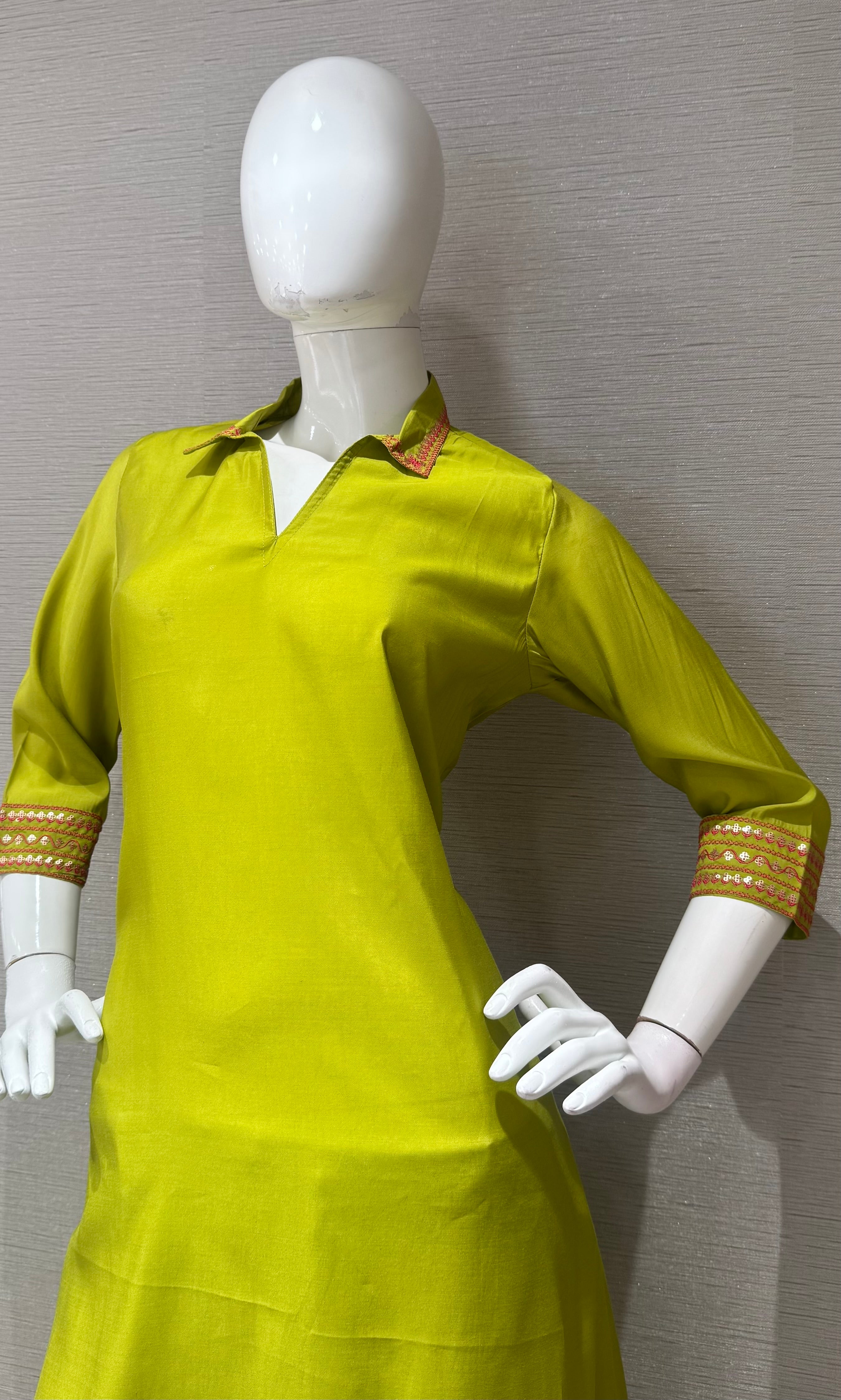 Lime Green Collar Neck Kurti with bottom