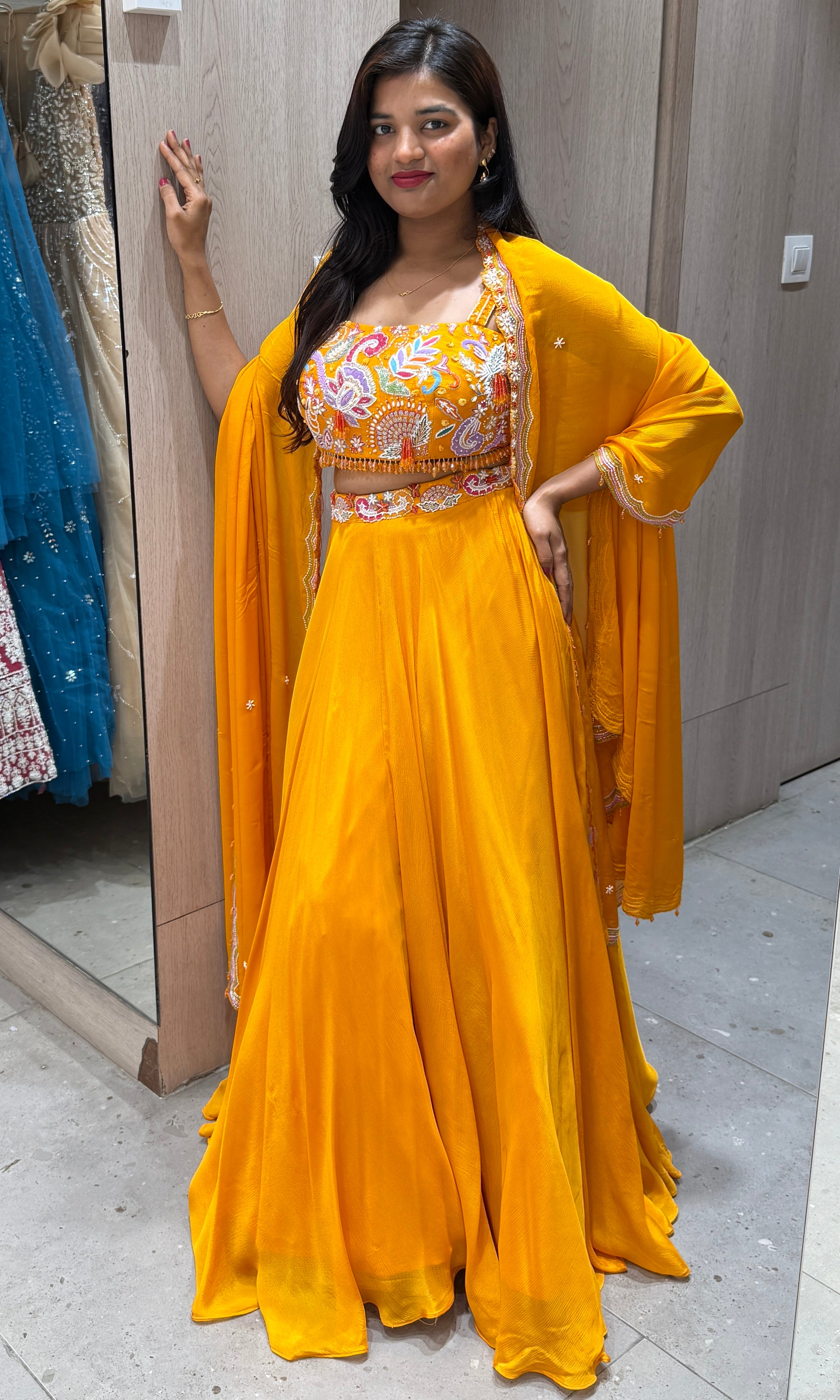 Orange lehenga with cape 1000