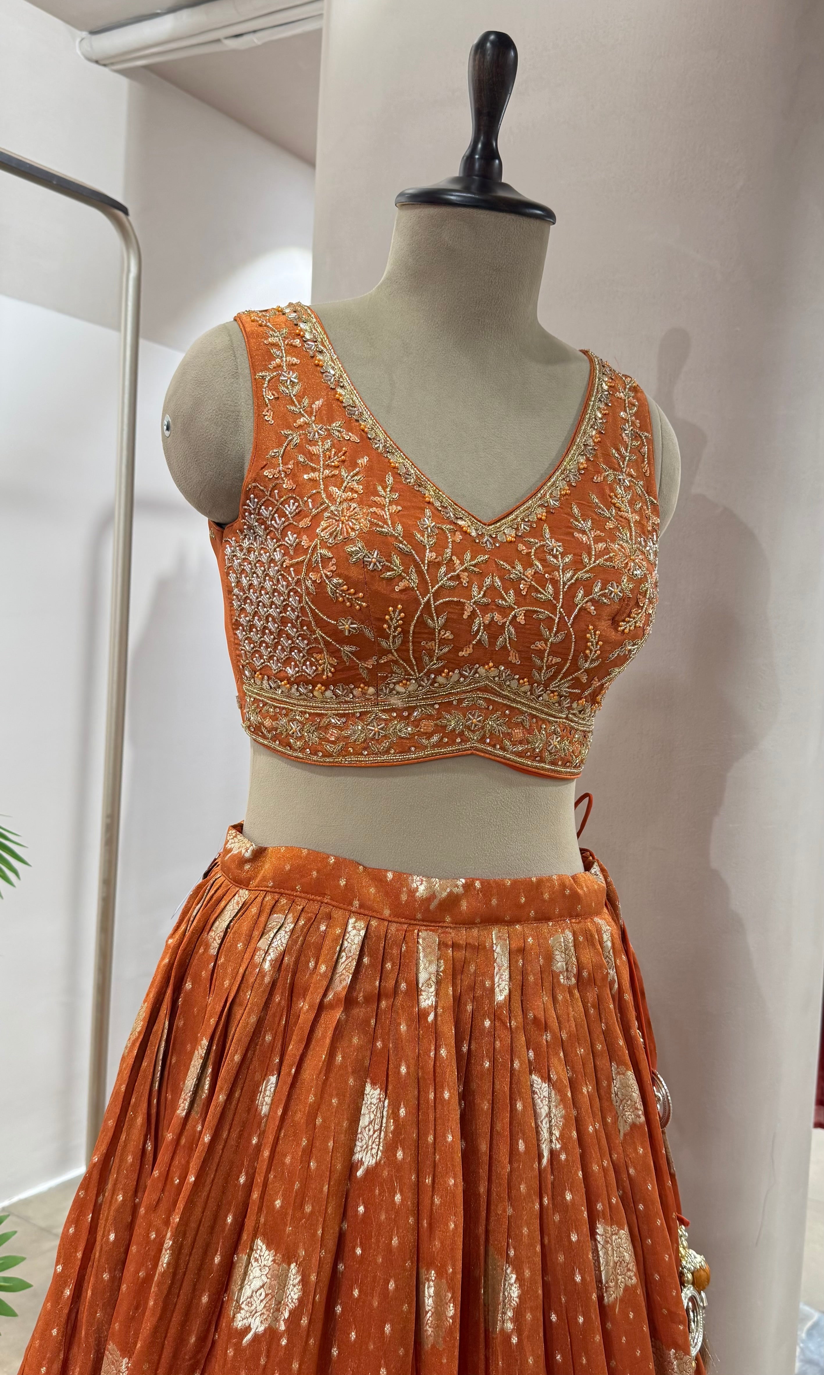 RUST GOLDEN LEHENGA WITH STRIPED DUPATTA
