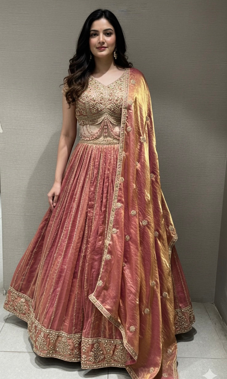 PEACH SILK GOLDEN EMBROIDERED LEHENGA