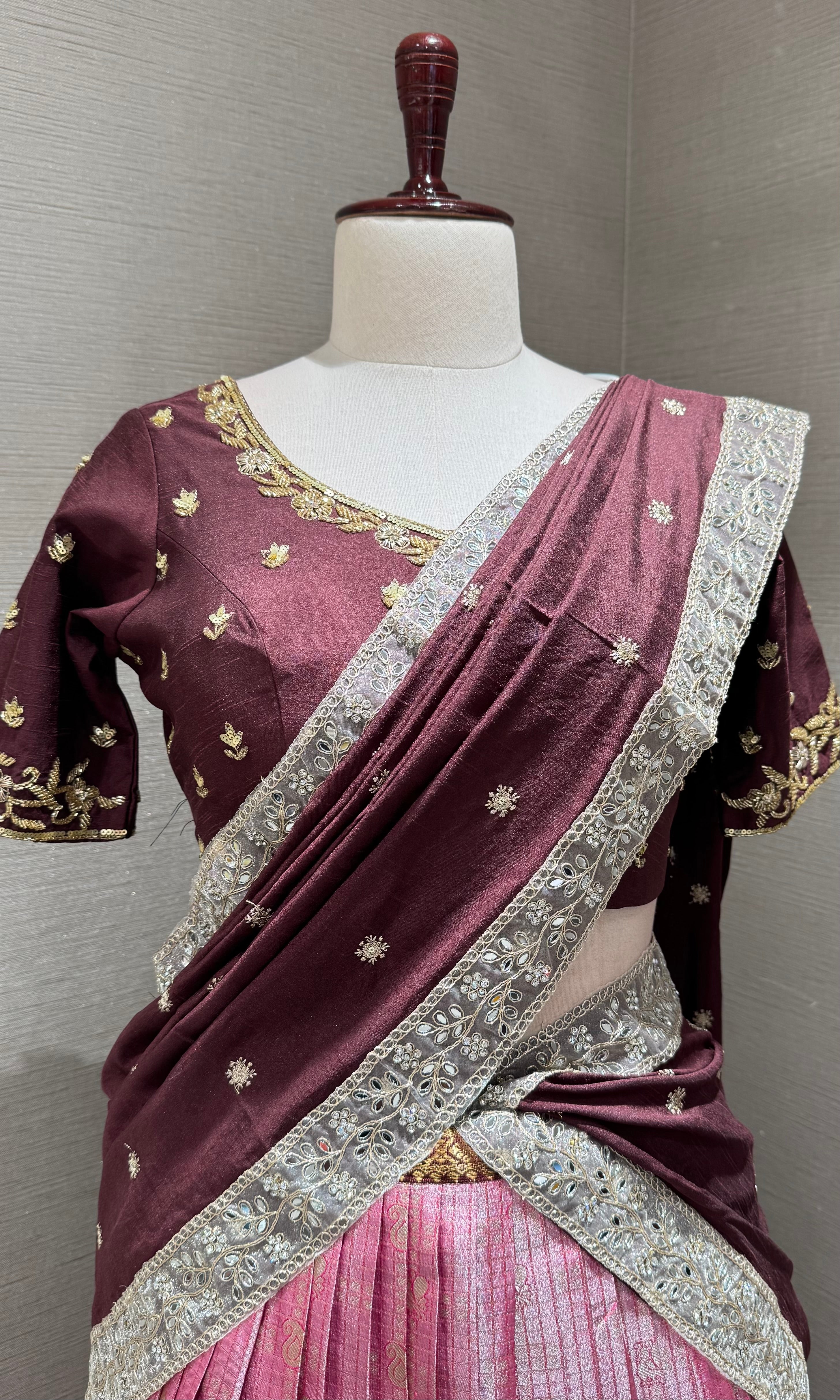 Brown And pink banarasi pattu lehenga with embroidered blouse