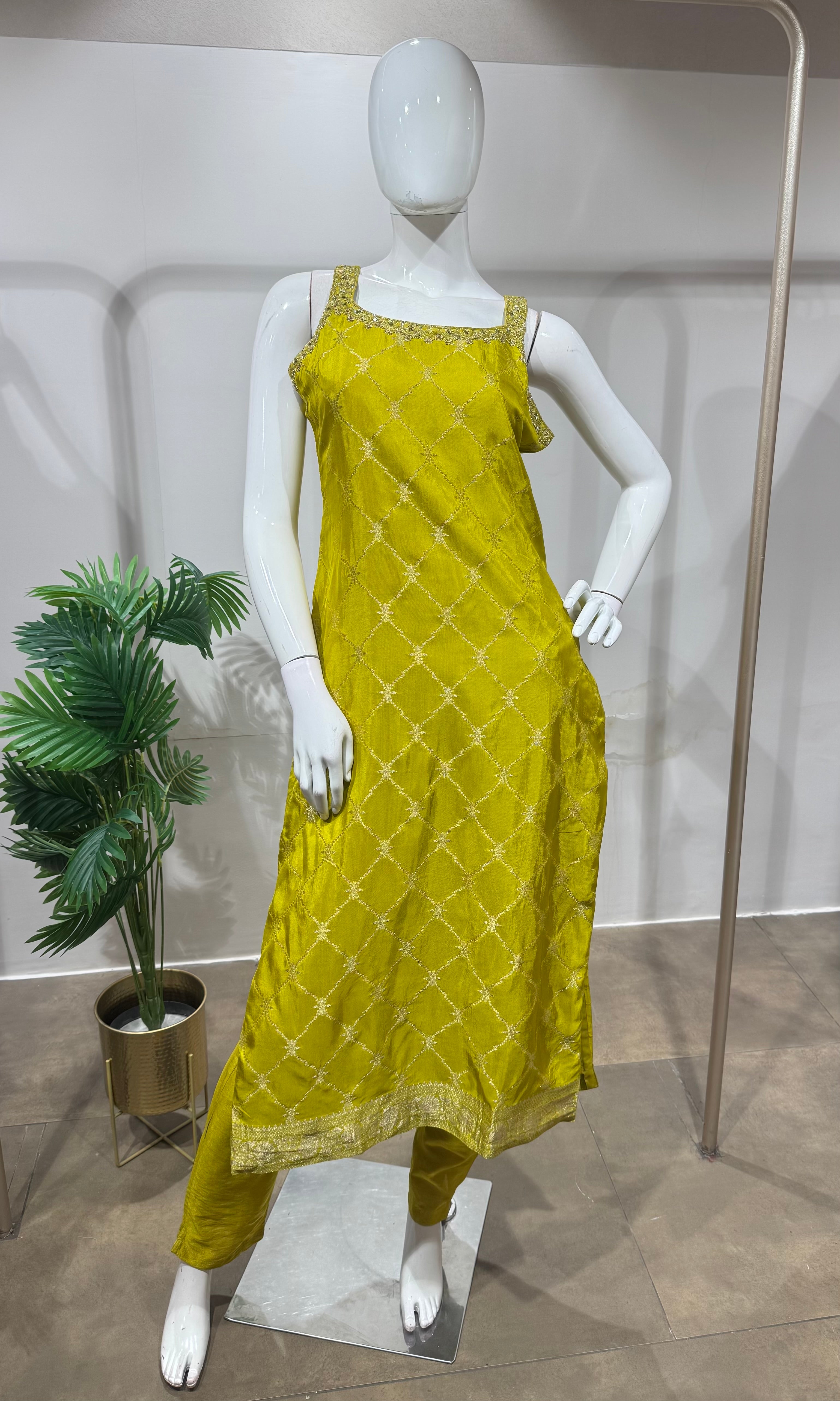 Lime Green silk straight kurta set