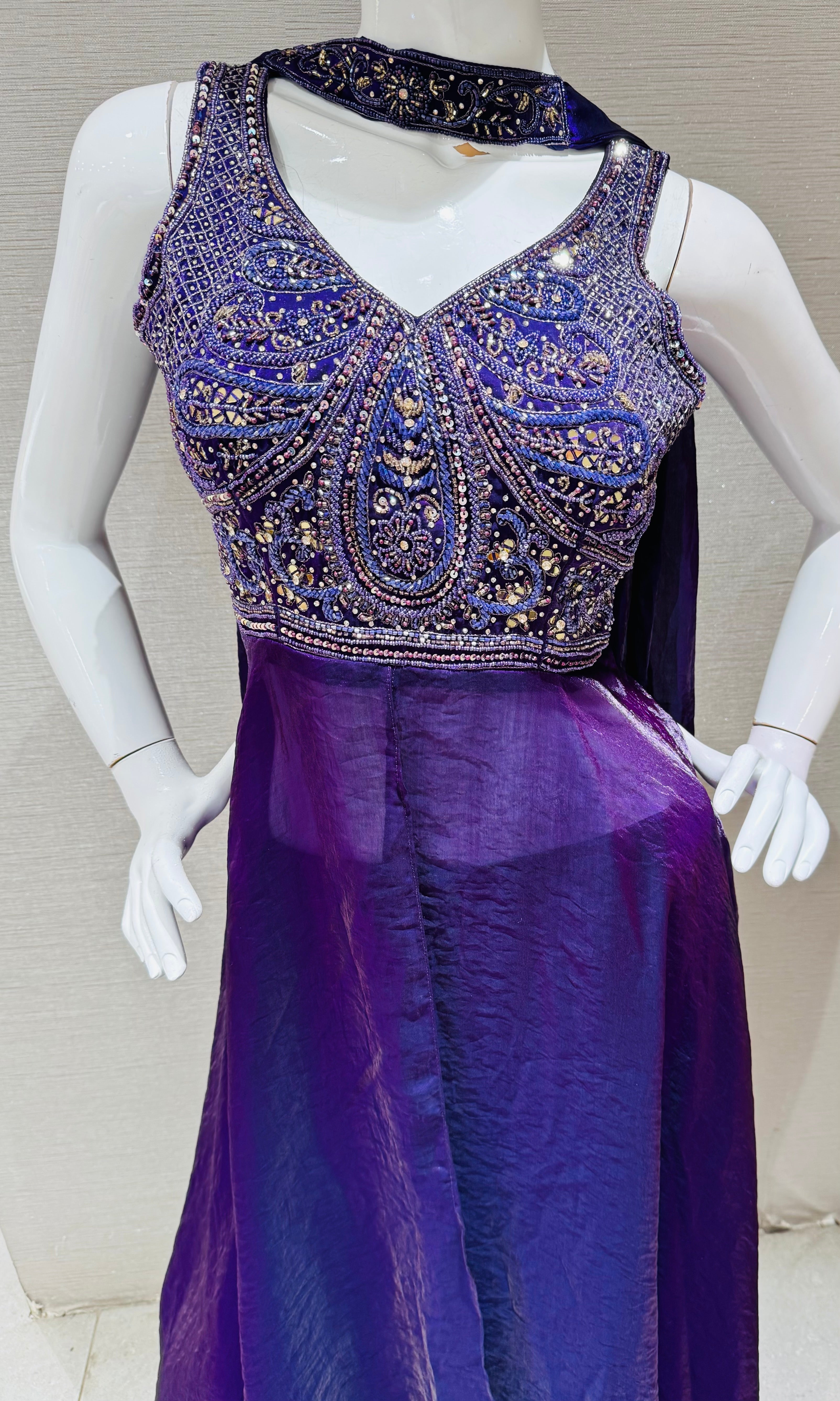 Purple embroidered front slit anarkali with palazzo Pants