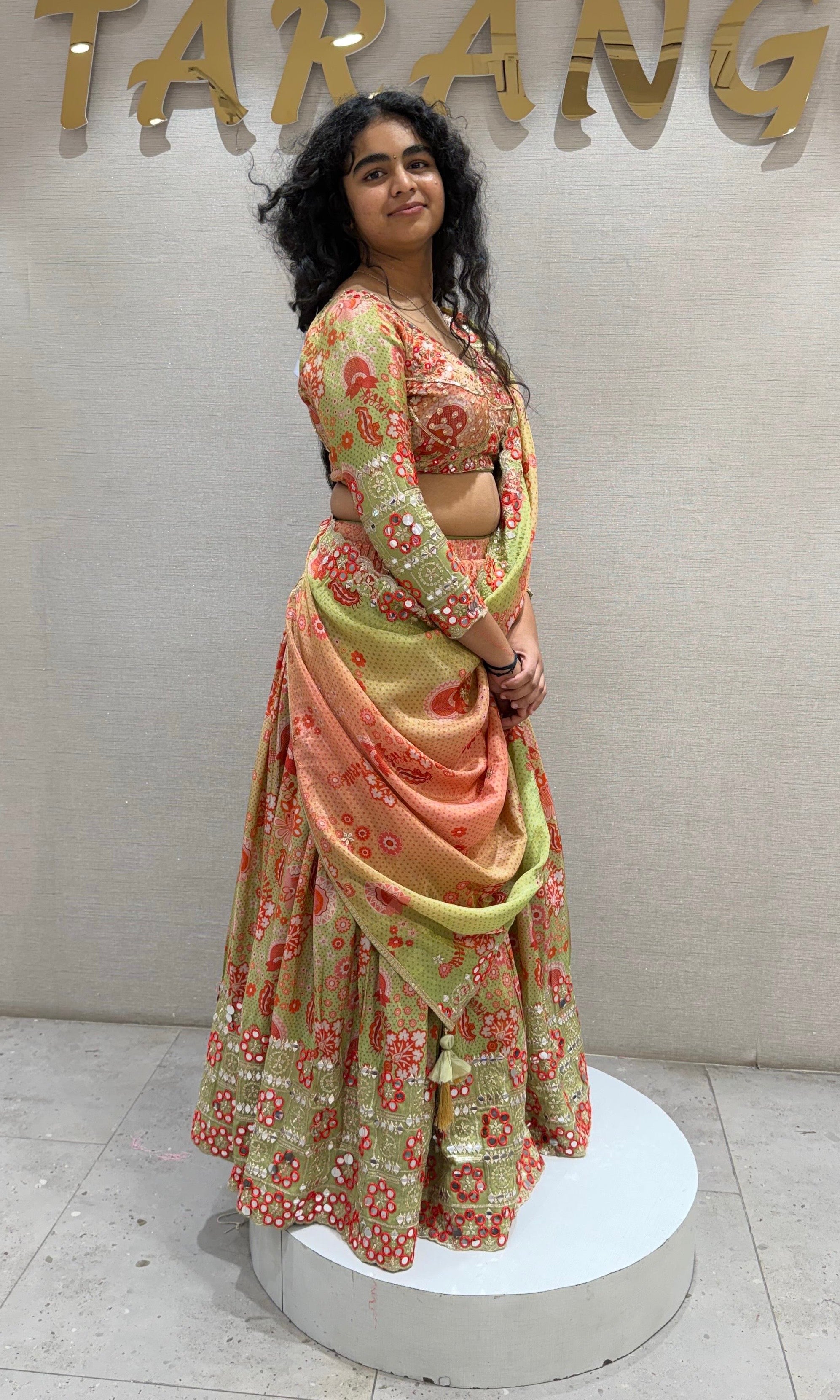 Green Floral Printed Silk Lehenga Choli