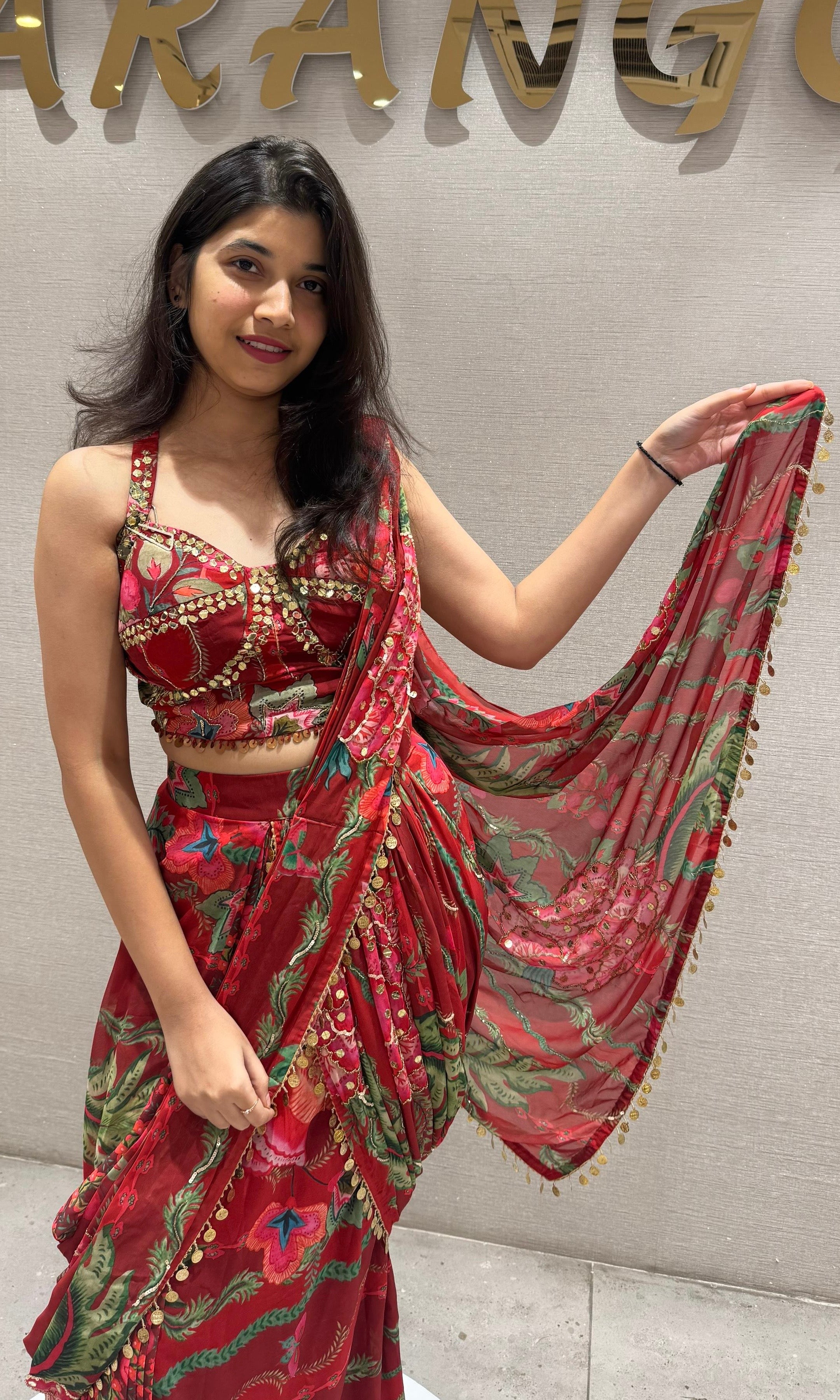 Red Floral Draped Saree