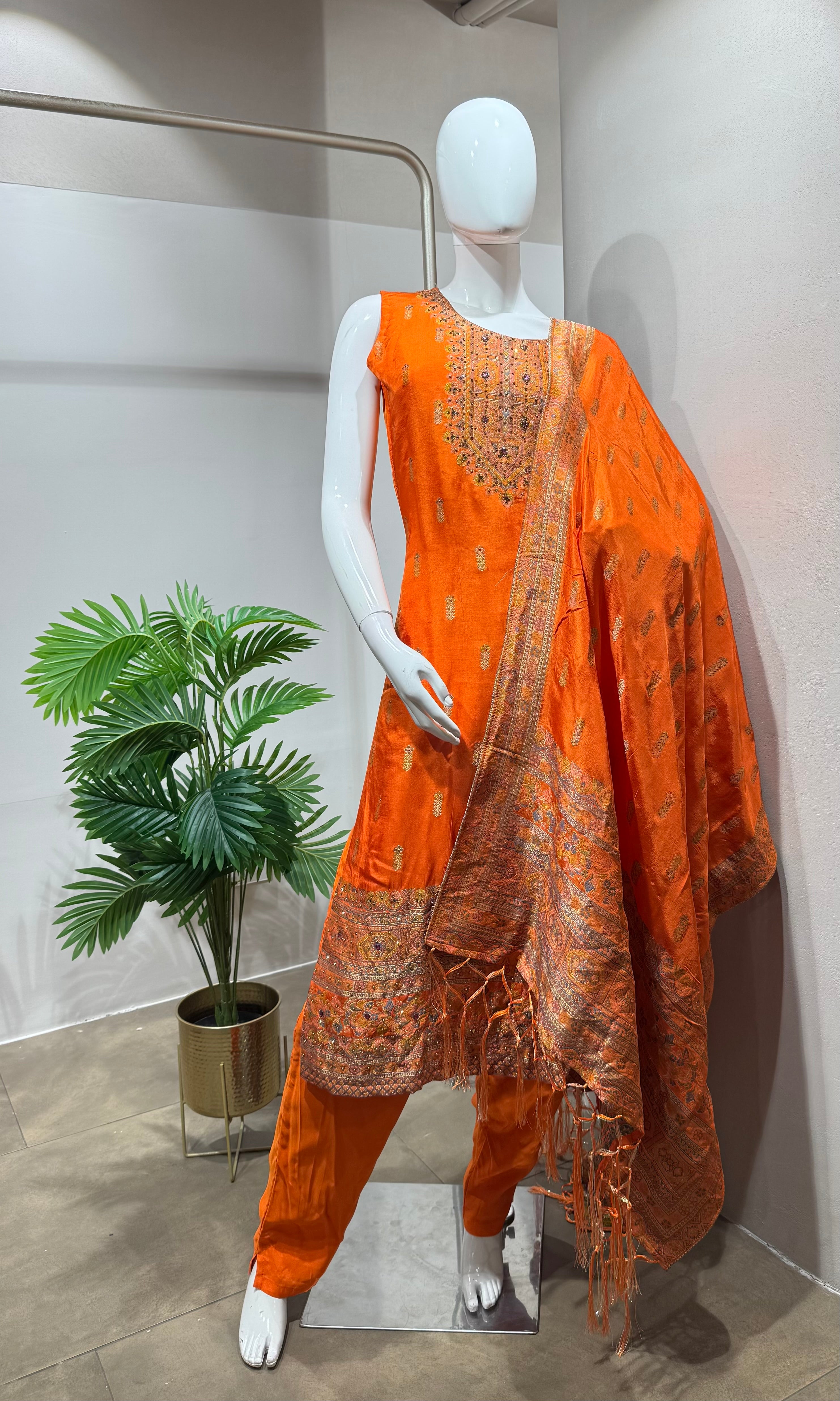 orange and gold embroidered kurta set