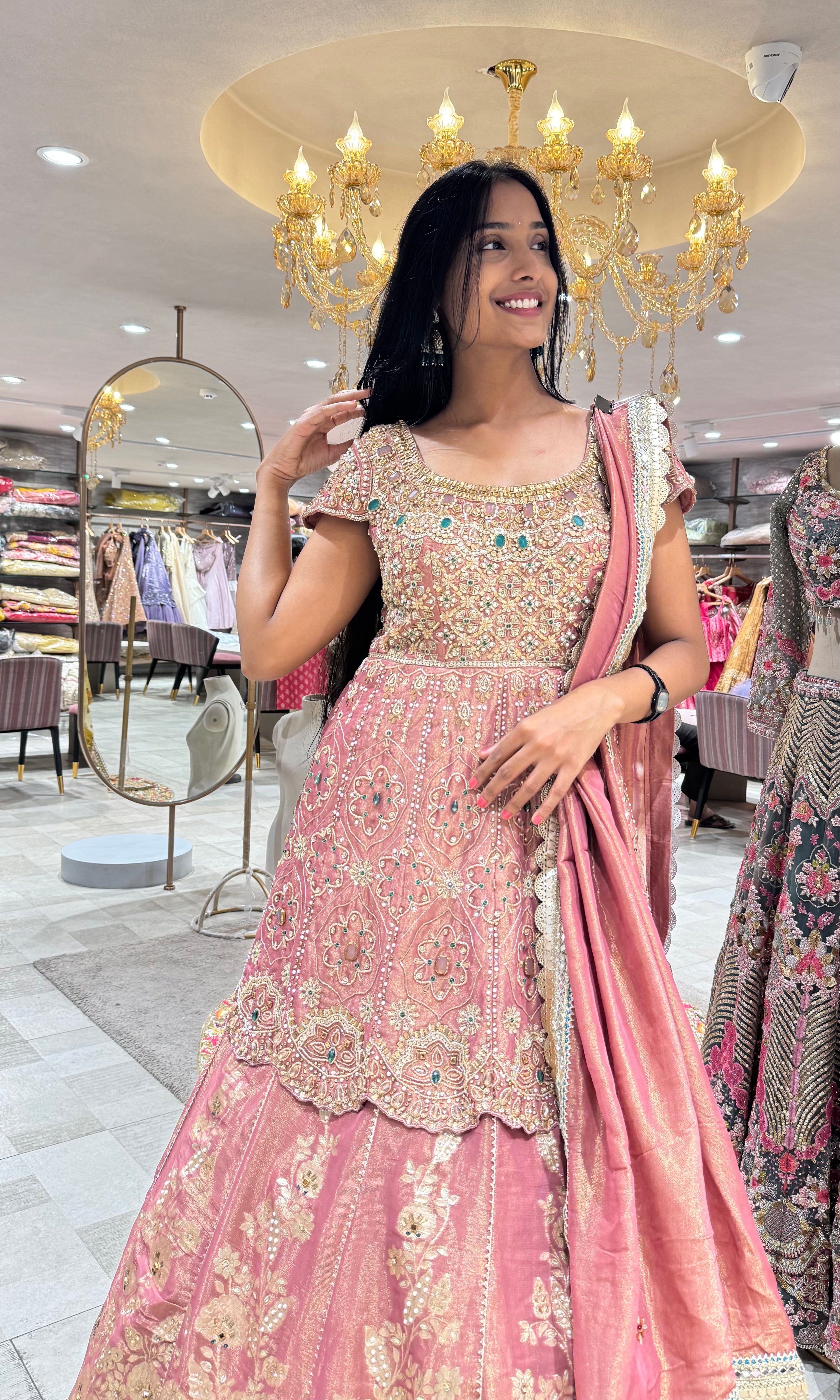 0NION PINK GOLDEN FLORAL EMBROIDERED LEHENGA