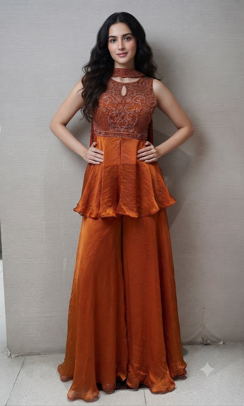 Rust Orange Embellished Peplum Palazzo Set