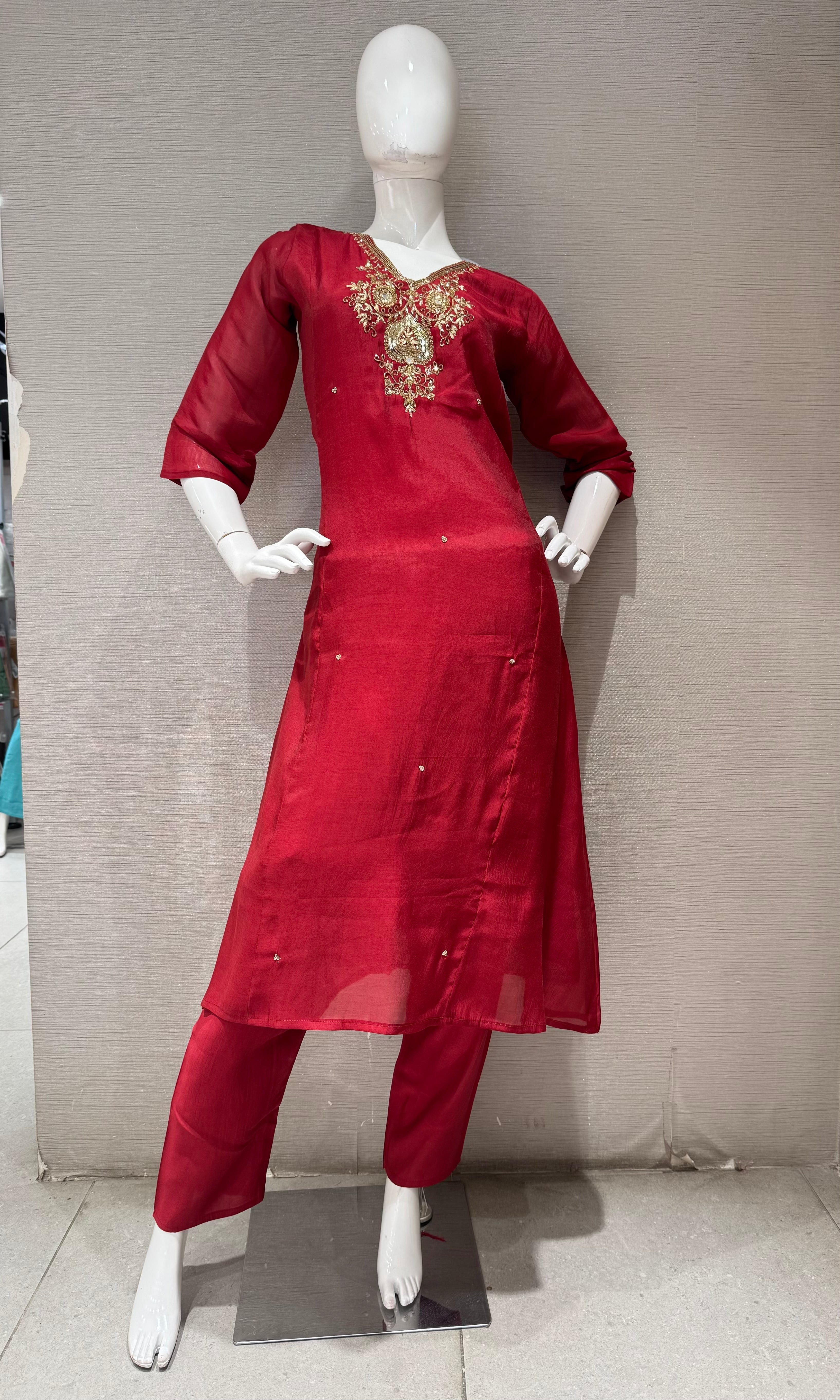 Maroon embroidered Silk Kurta Set with Sheer Dupatta