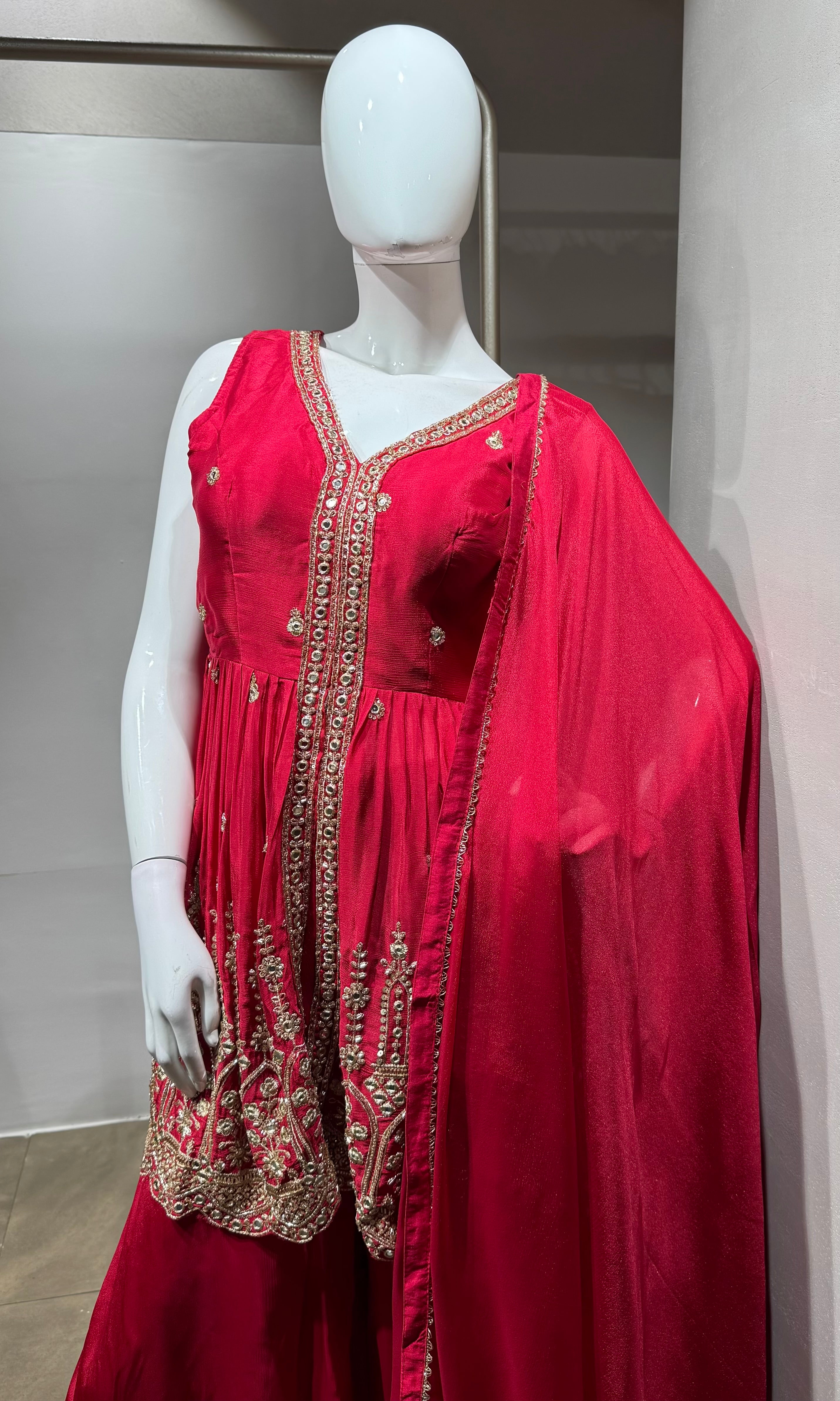 RED Silk Embroidered Palazzo Set with Dupatta