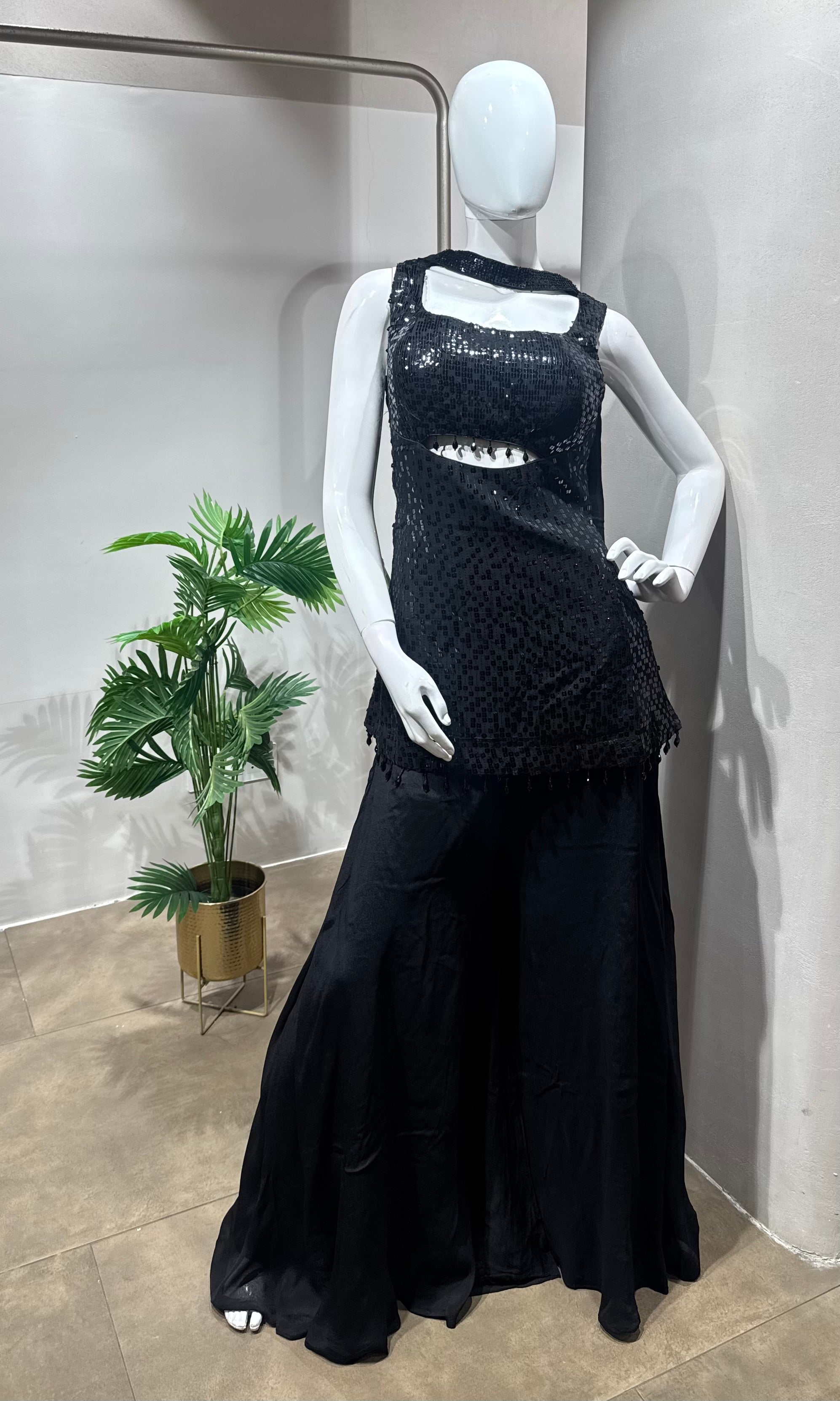 Black Sequin Embroidered Georgette Sharara Set