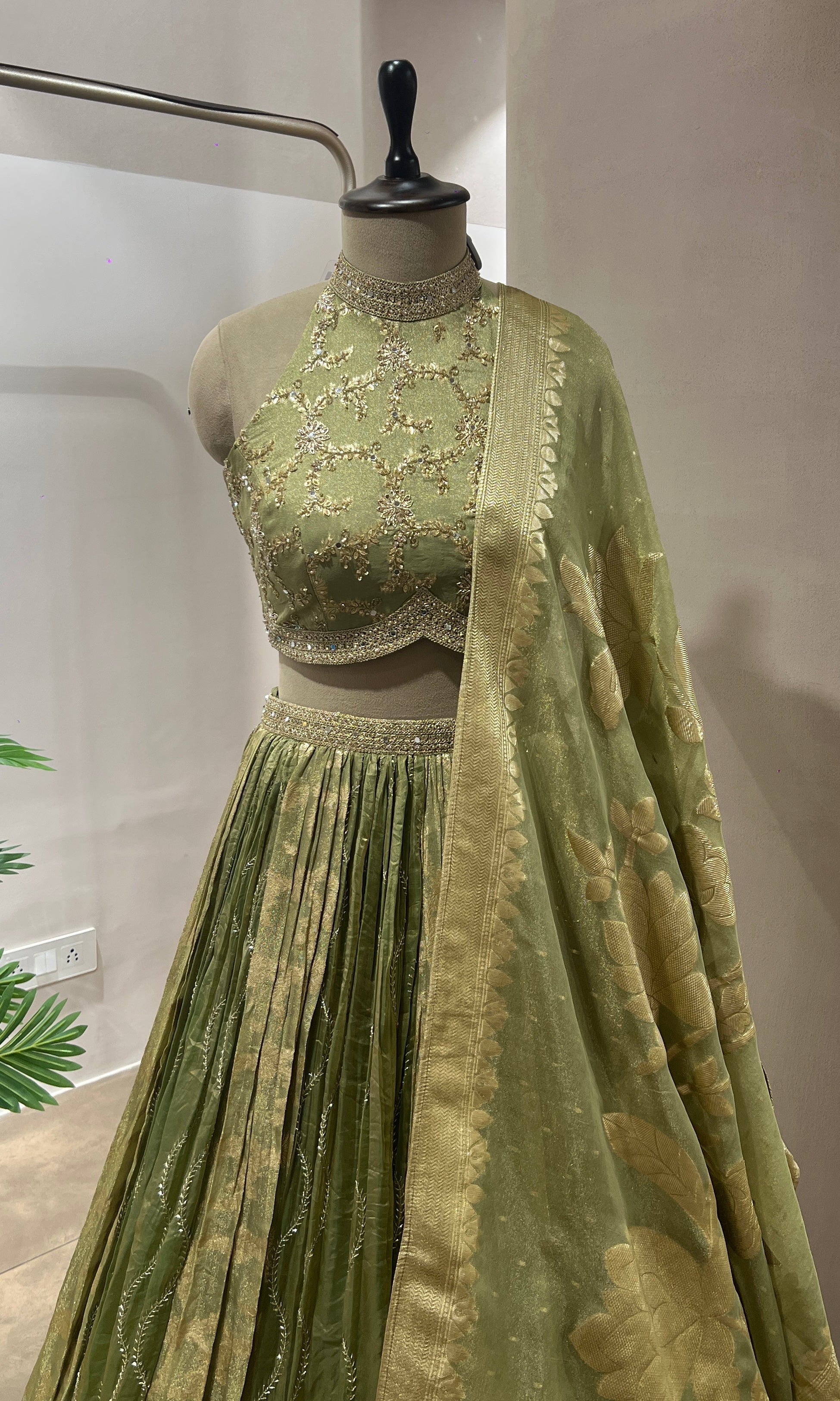 Green GOLDEN LEHENGA WITH HALTER NECK BLOUSE