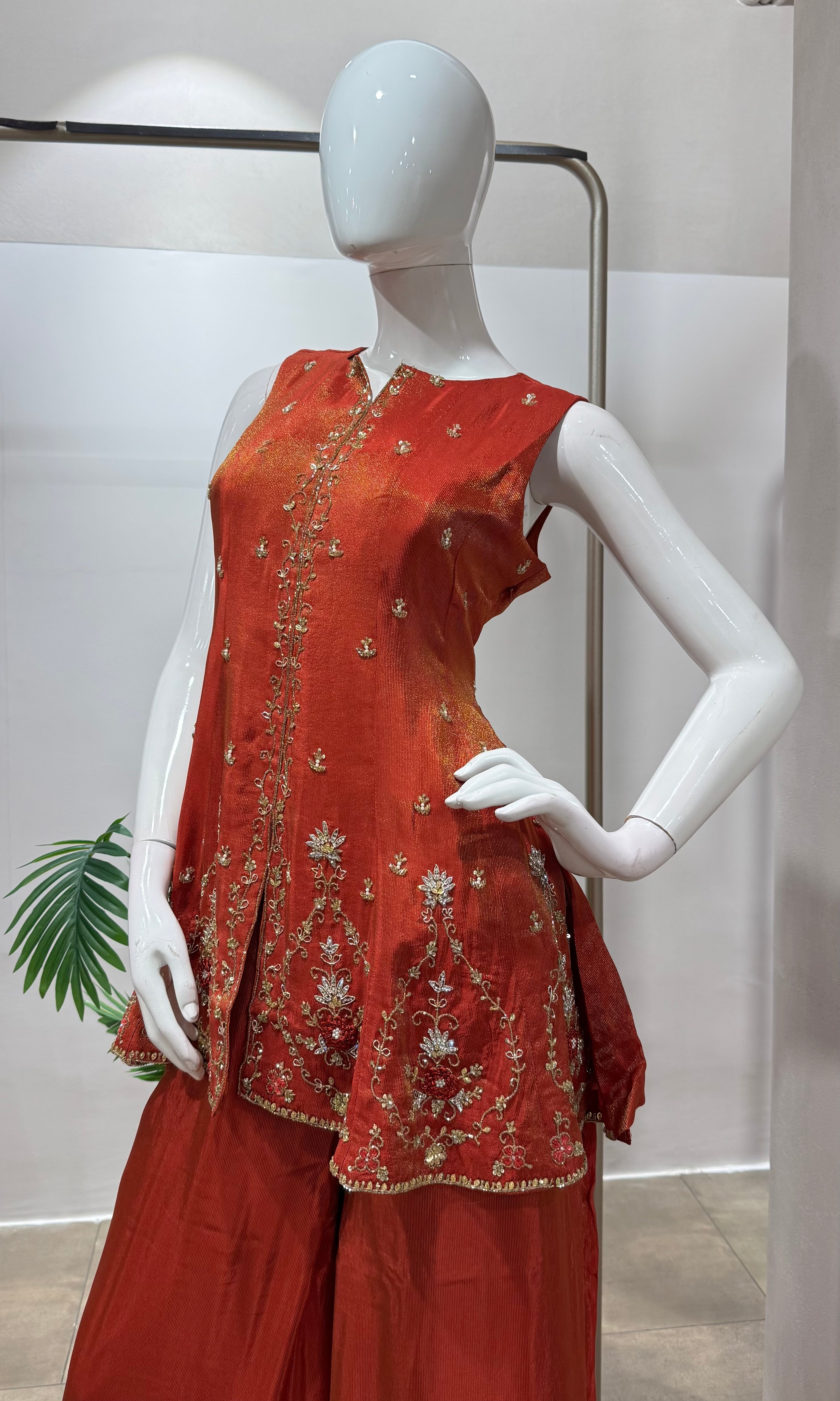 Rust golden anarkali with palazzo set