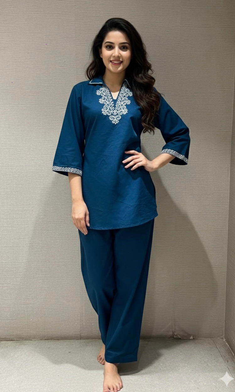 Navy blue FLORAL NECK LINE CORD SET