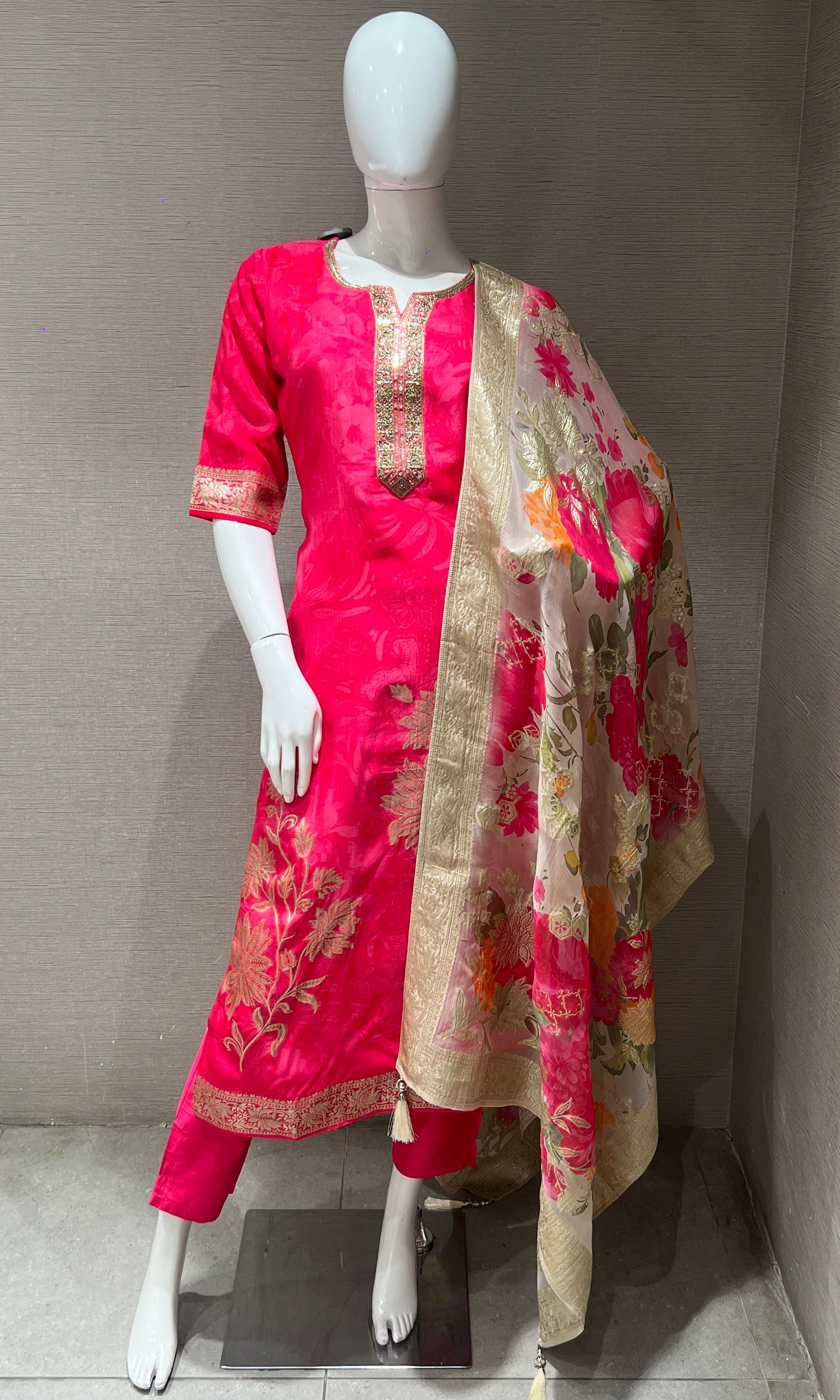 Rani Pink Kurta Set with Floral Dupatta