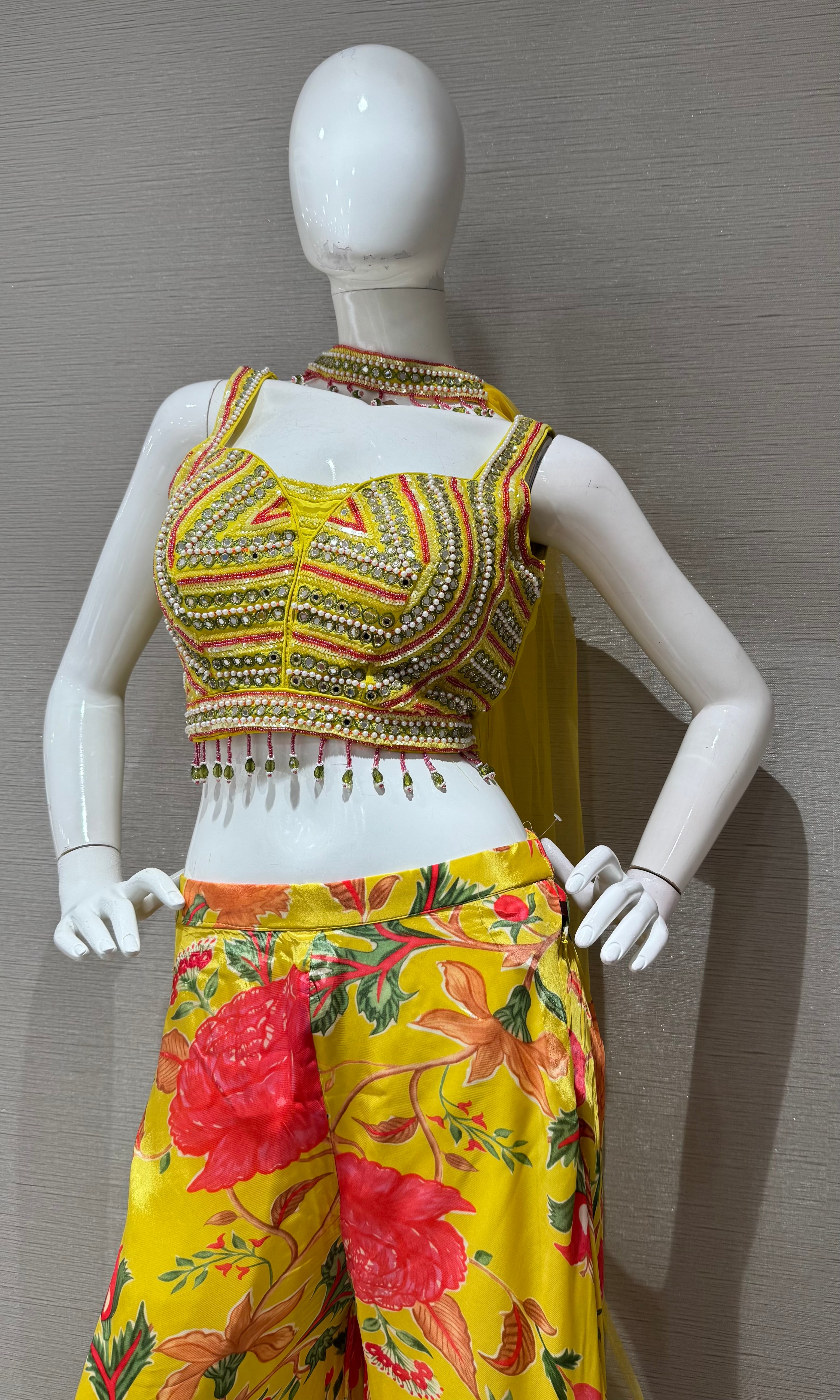 Yellow Embroidered crop top palazzo set