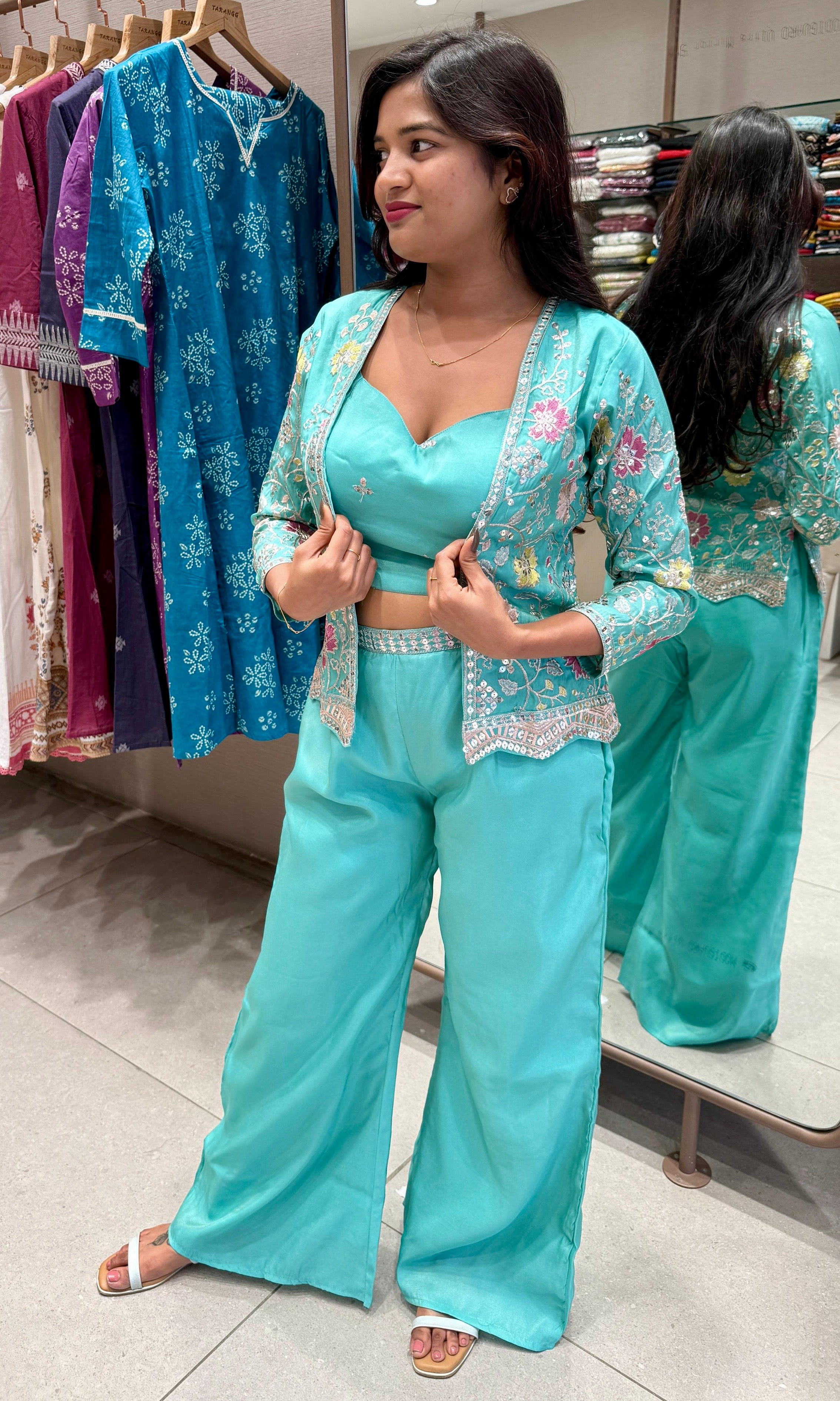 Blue Embroidered Jacket and Palazzo Set