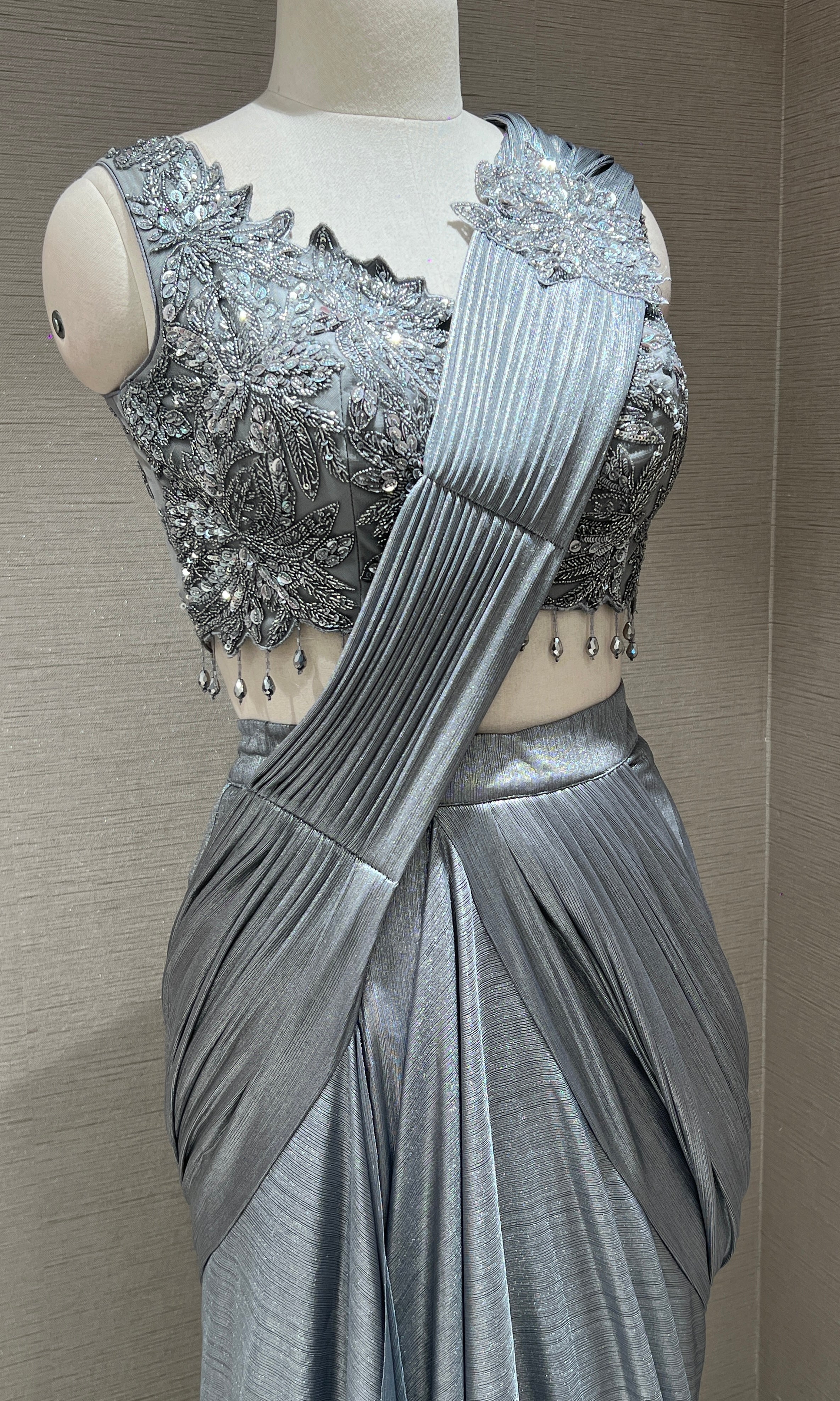 Grey drape saree with corset blouse