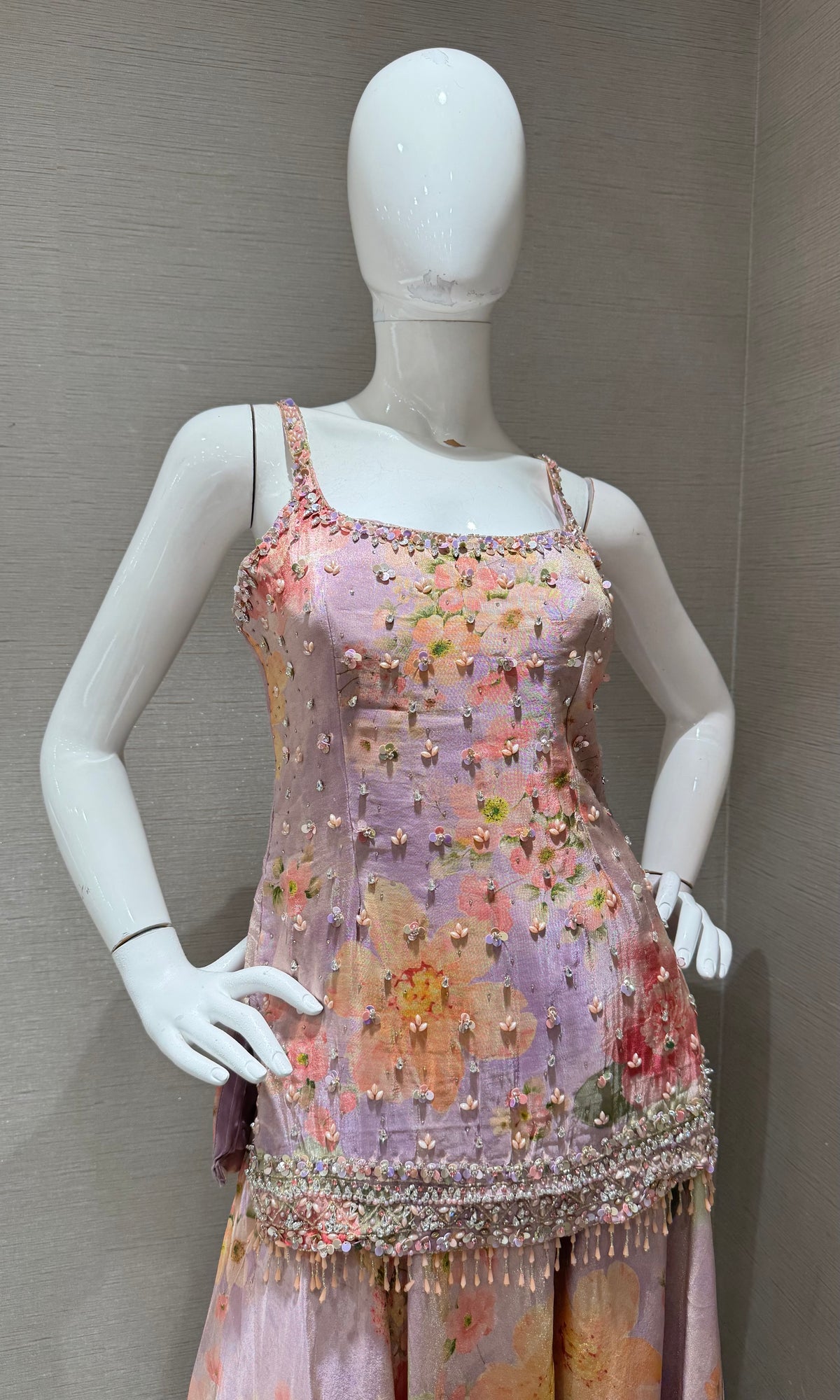 LAVANDER Silk Organza Floral Printed Peplum palazzo set