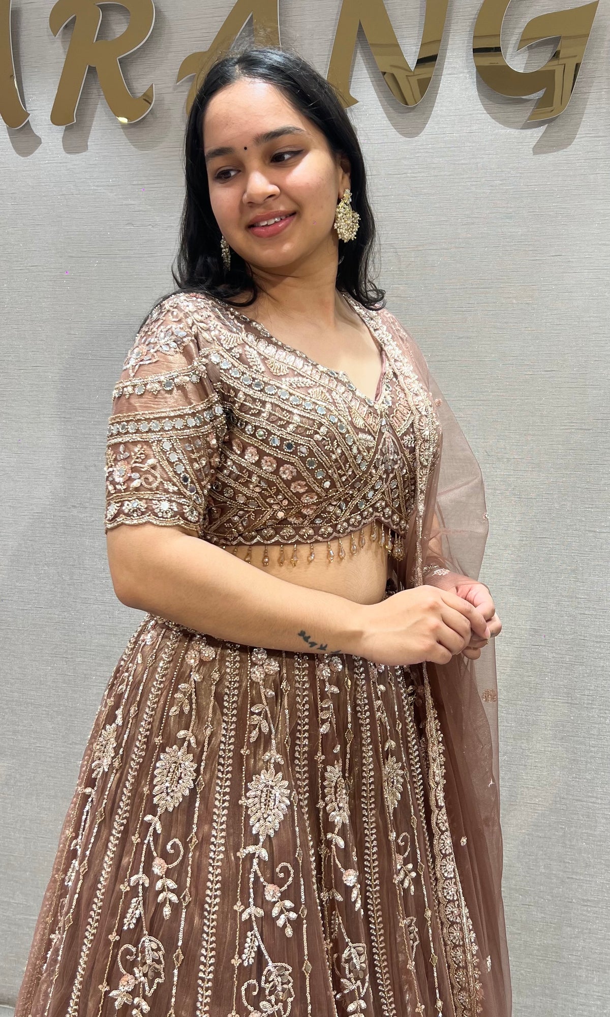 Mocha Brown Embellished Net Lehenga Choli Set