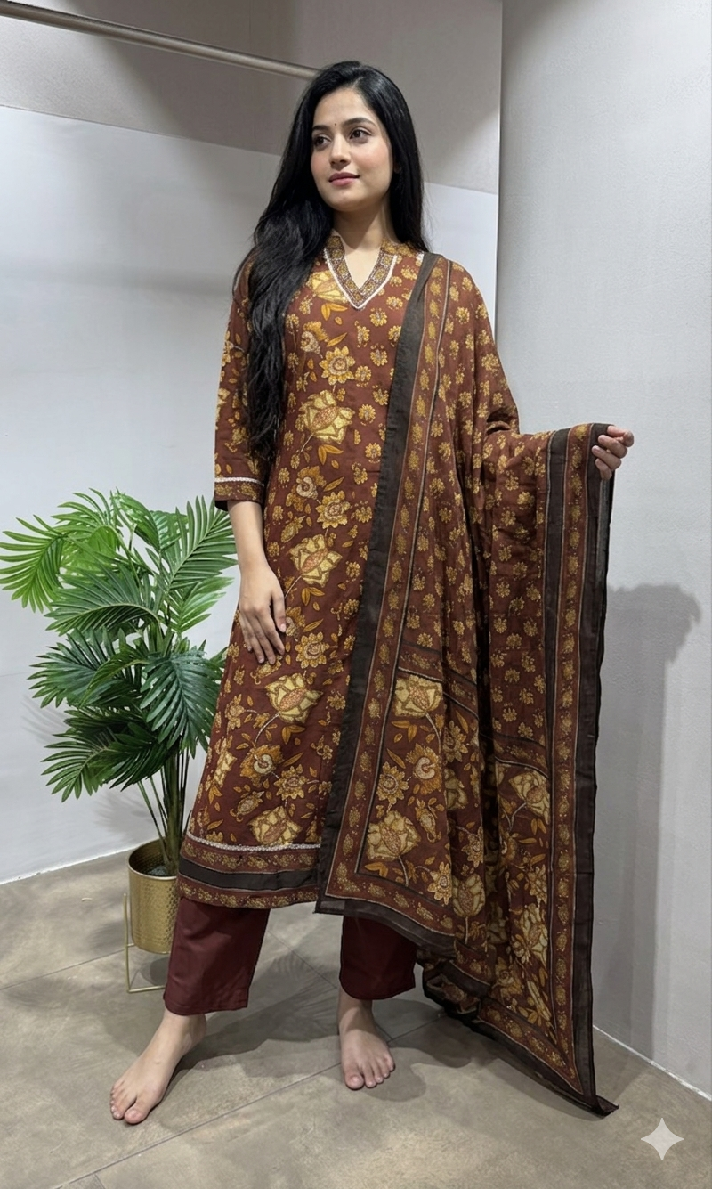 BROWN Floral Printed Ethnic Anarkali Set