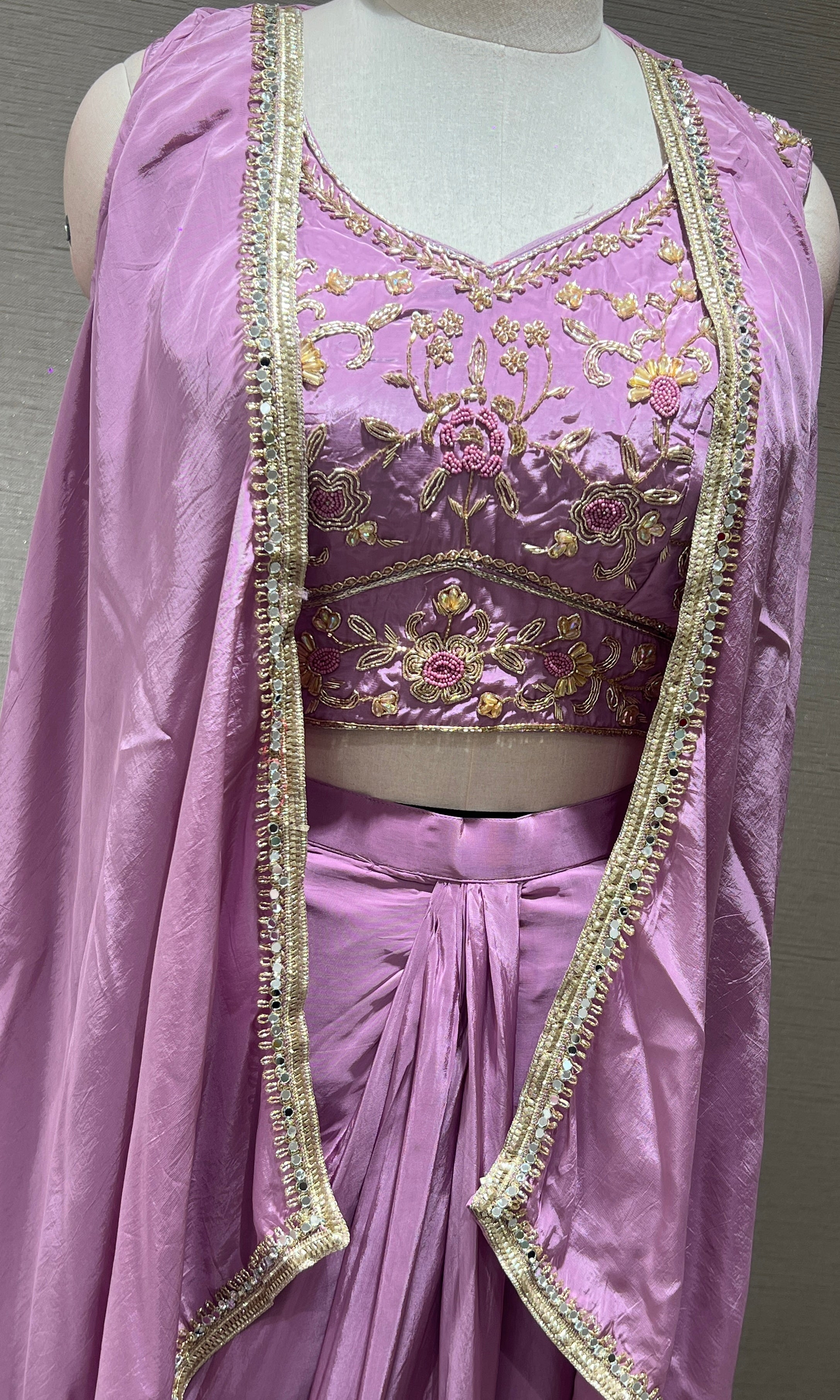 Lilac cape skirt with embroidered indo western dress