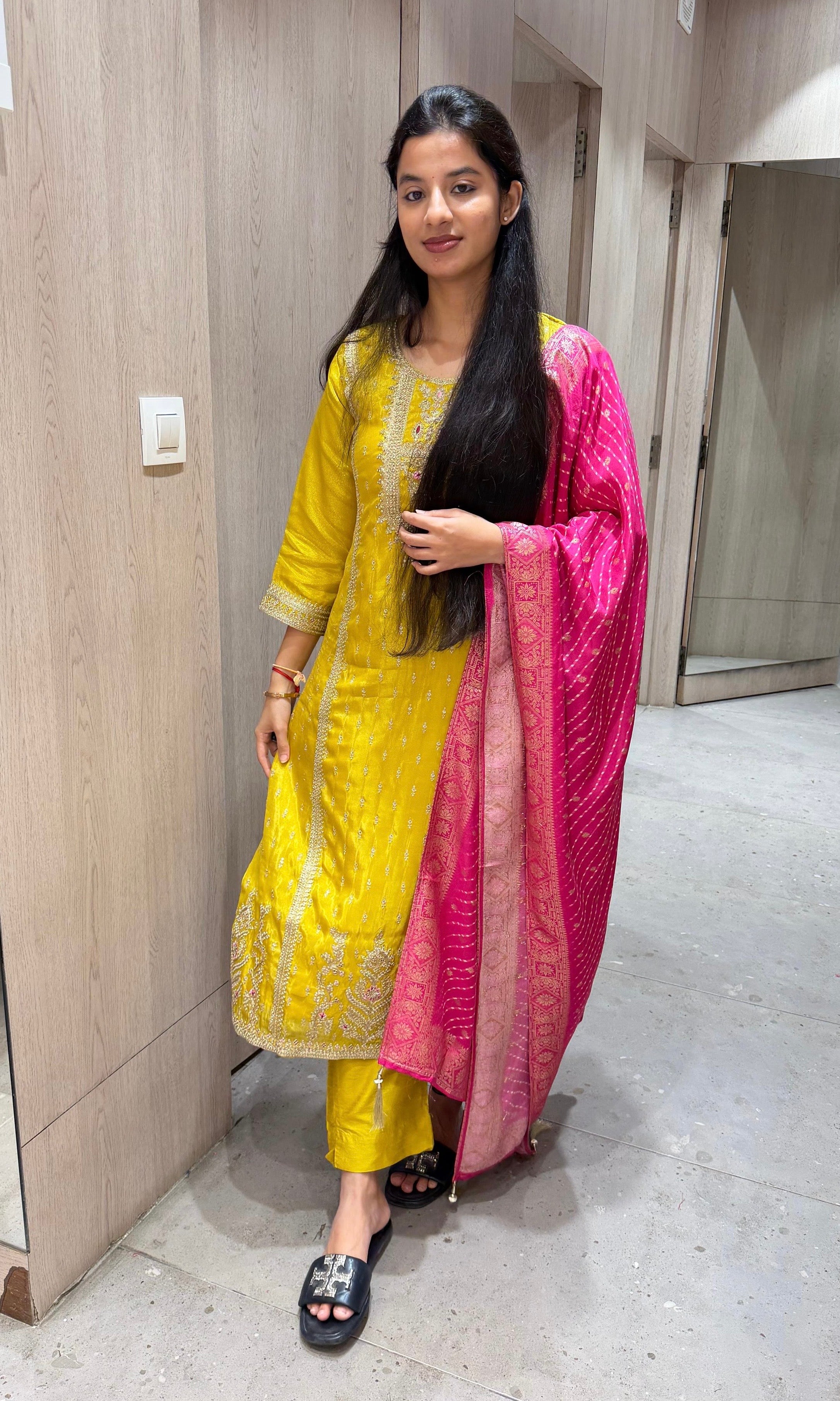 Yellow kurta set WITH CONTRAST PINK DUPATTA
