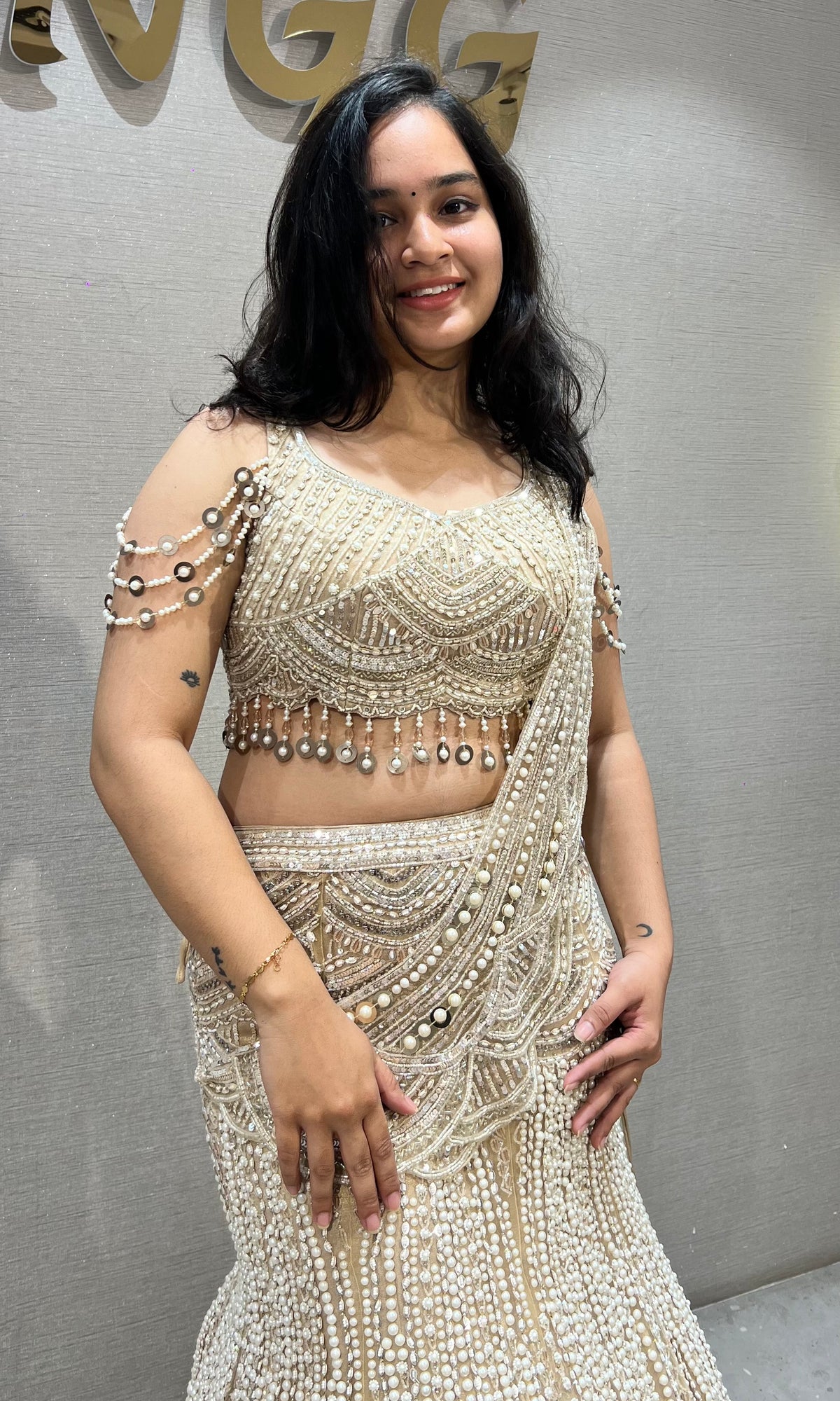 Beige fish cut Sequin Bridal Lehenga Set