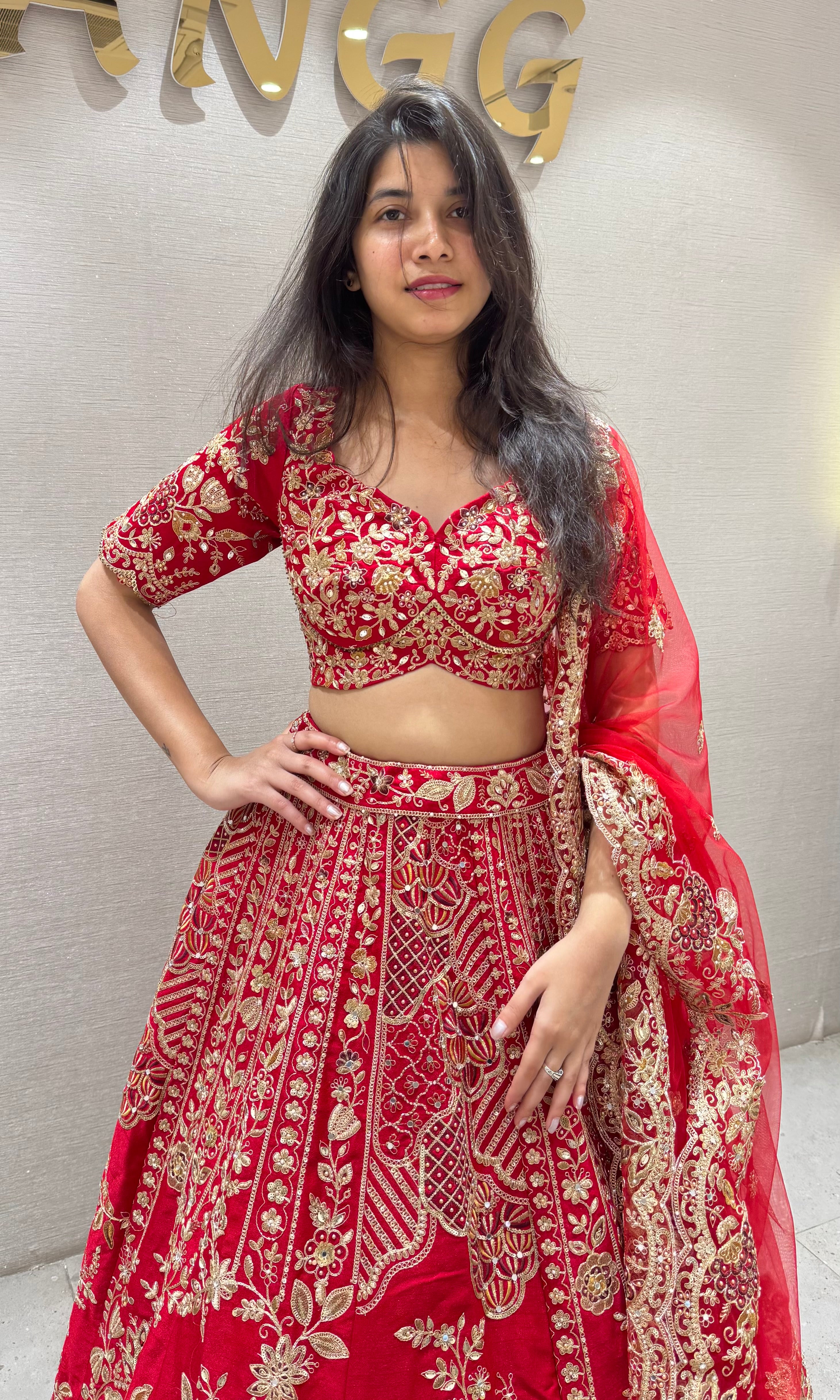 Red GOLDEN FLORAL EMBROIDERED lehenga