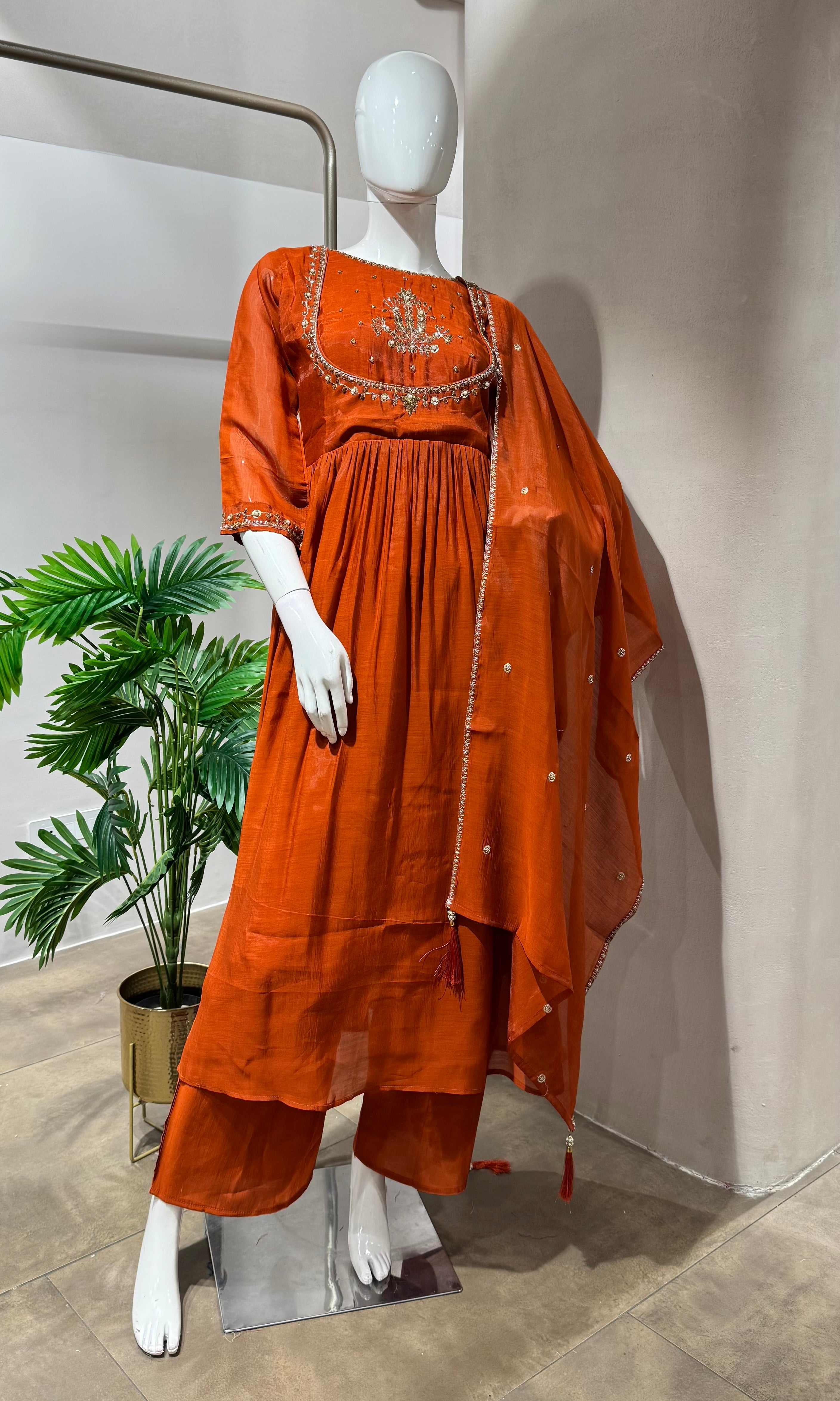 RUST PEACOCK EMBROIDERY MUL CHANDERI KURTA SET