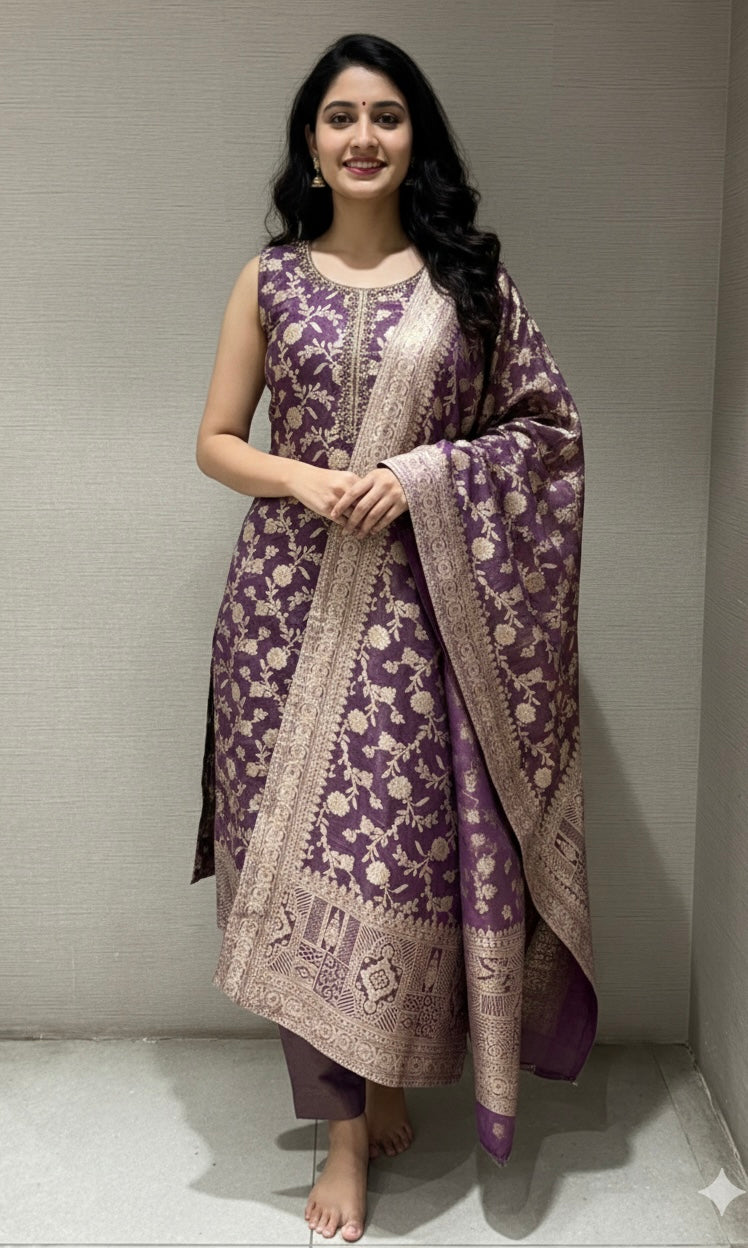 Light purple golden banarasi kurta set